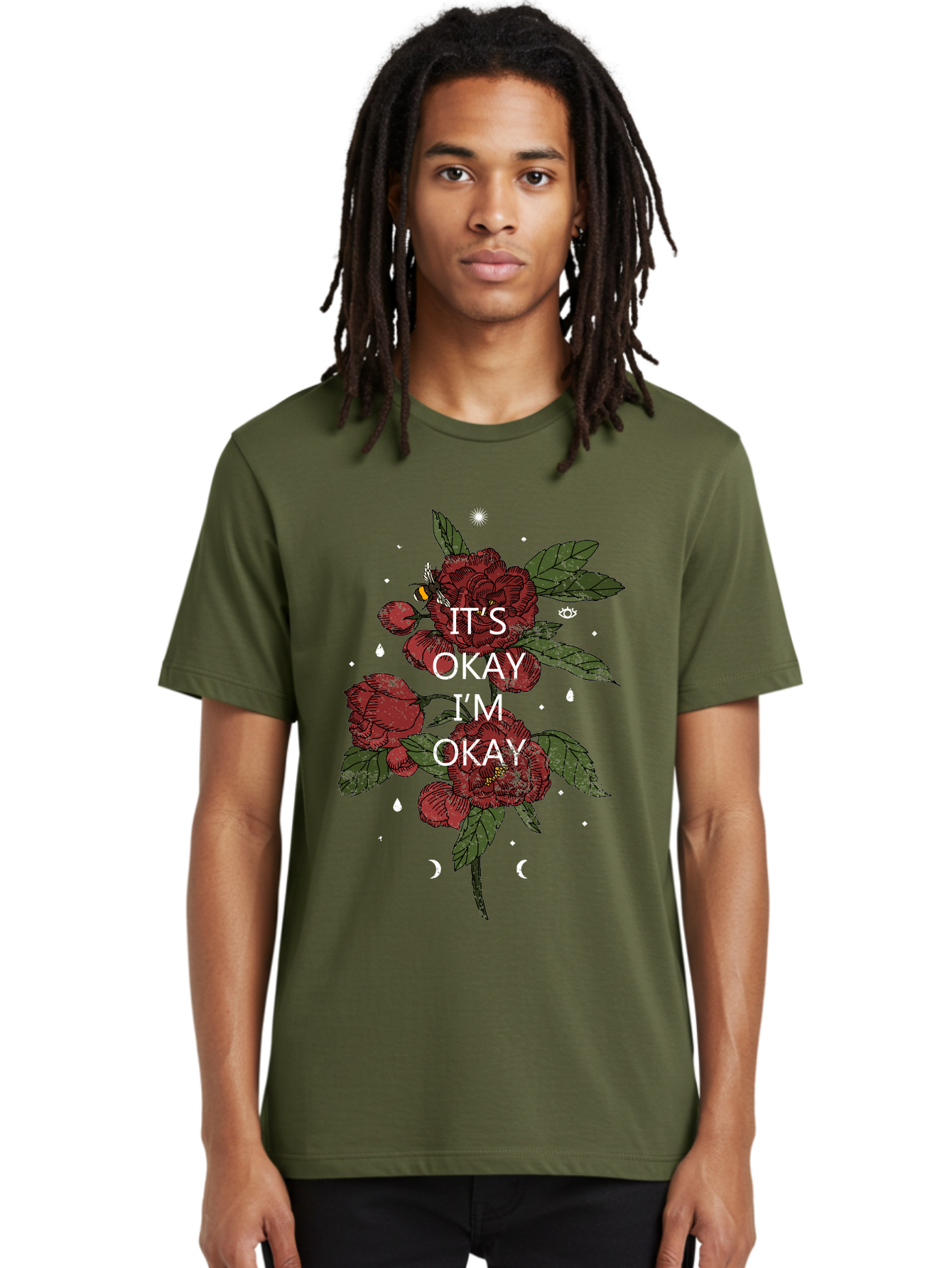 Its Okay Men'S Graphic Tee, 100% Cotton, Comfortable Casual Summer Wear, Machine Washable, Red Roses, Green Leaves, Affirmation Quote, Motivational Phrase, Mental Health Awareness, Self Care, Wellness, Floral Design, Inspirational Art Aae411 30