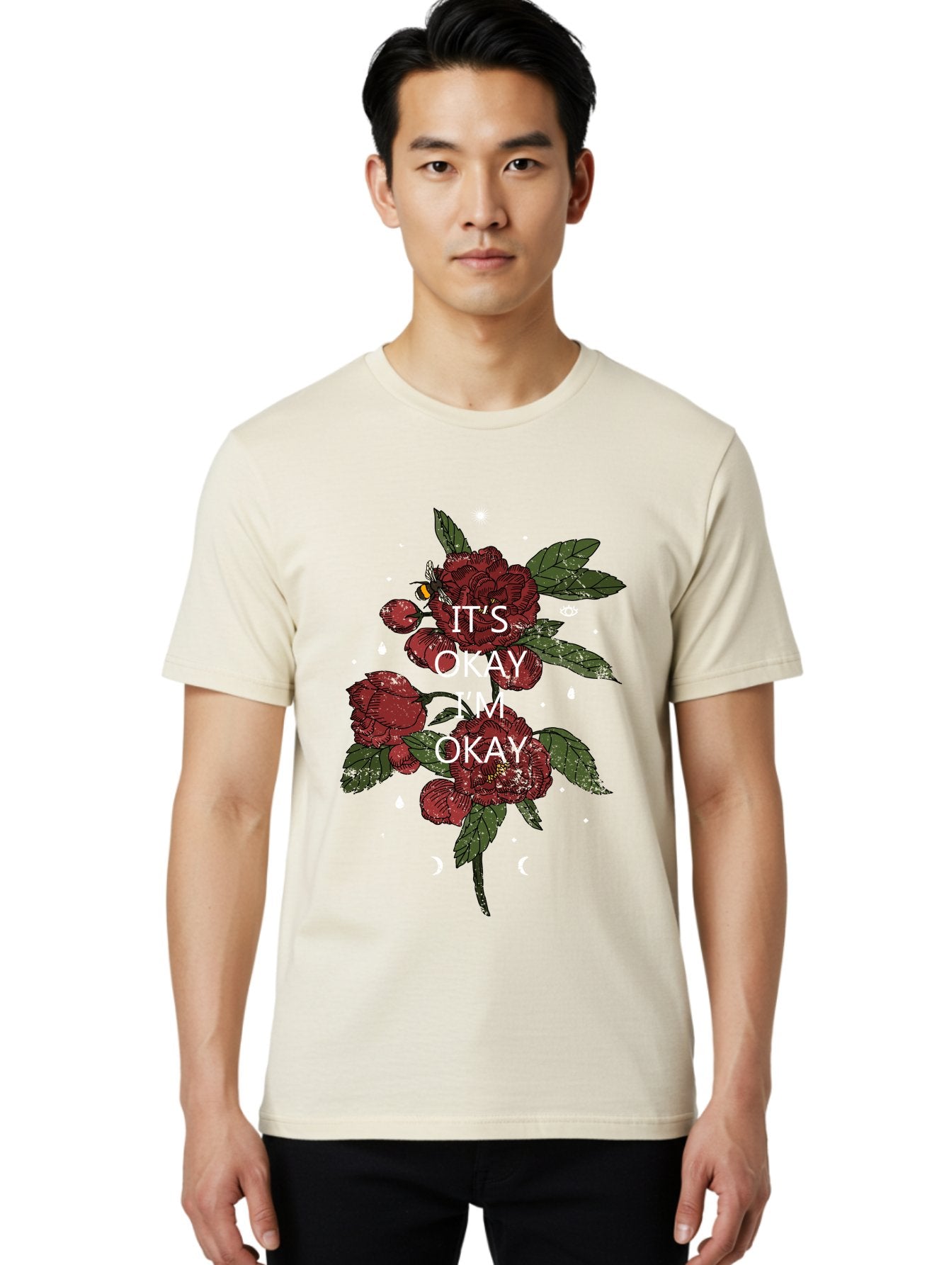 Its Okay Men'S Graphic Tee, 100% Cotton, Comfortable Casual Summer Wear, Machine Washable, Red Roses, Green Leaves, Affirmation Quote, Motivational Phrase, Mental Health Awareness, Self Care, Wellness, Floral Design, Inspirational Art Aae411 27