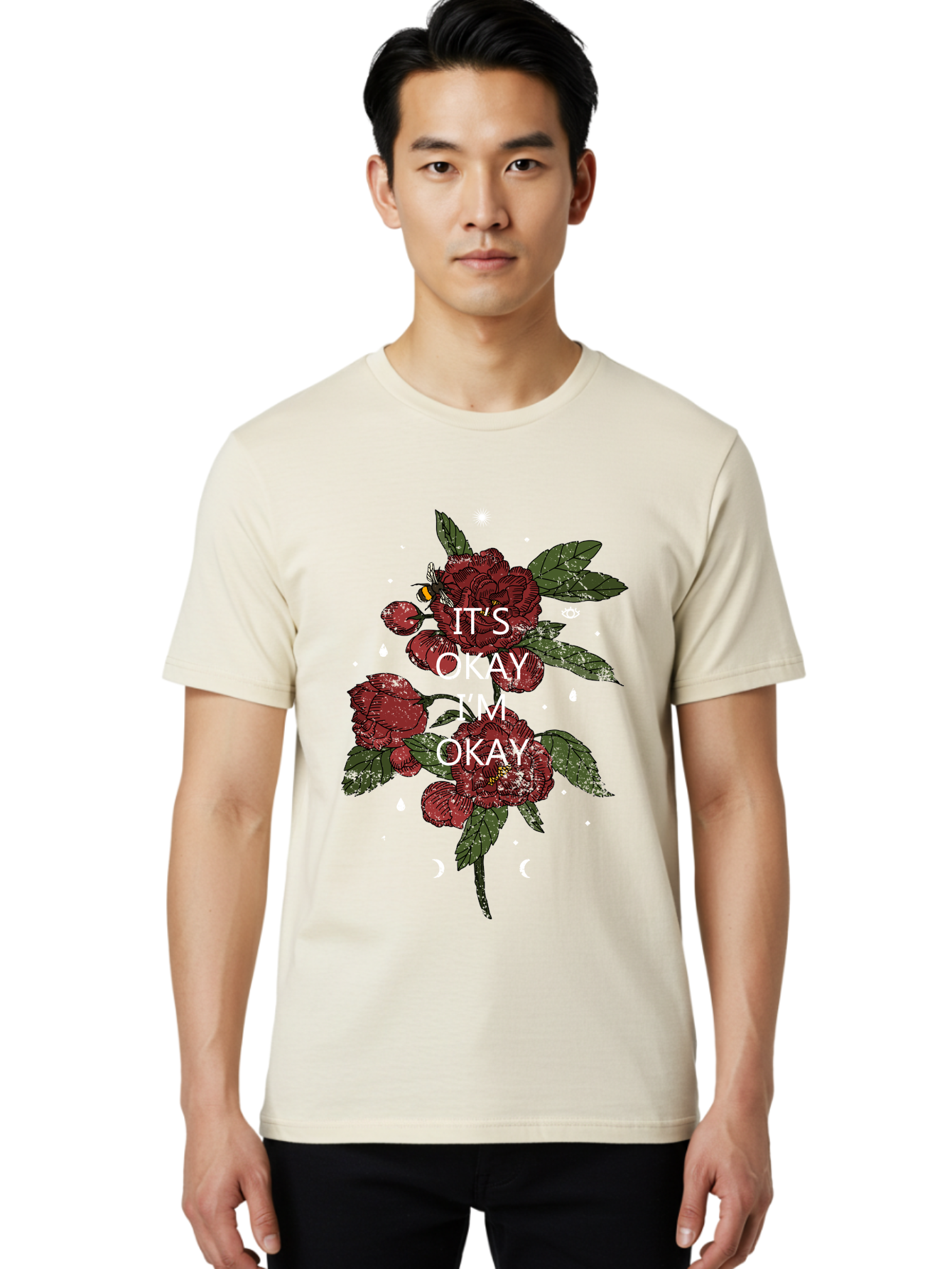 Its Okay Men'S Graphic Tee, 100% Cotton, Comfortable Casual Summer Wear, Machine Washable, Red Roses, Green Leaves, Affirmation Quote, Motivational Phrase, Mental Health Awareness, Self Care, Wellness, Floral Design, Inspirational Art Aae411 14