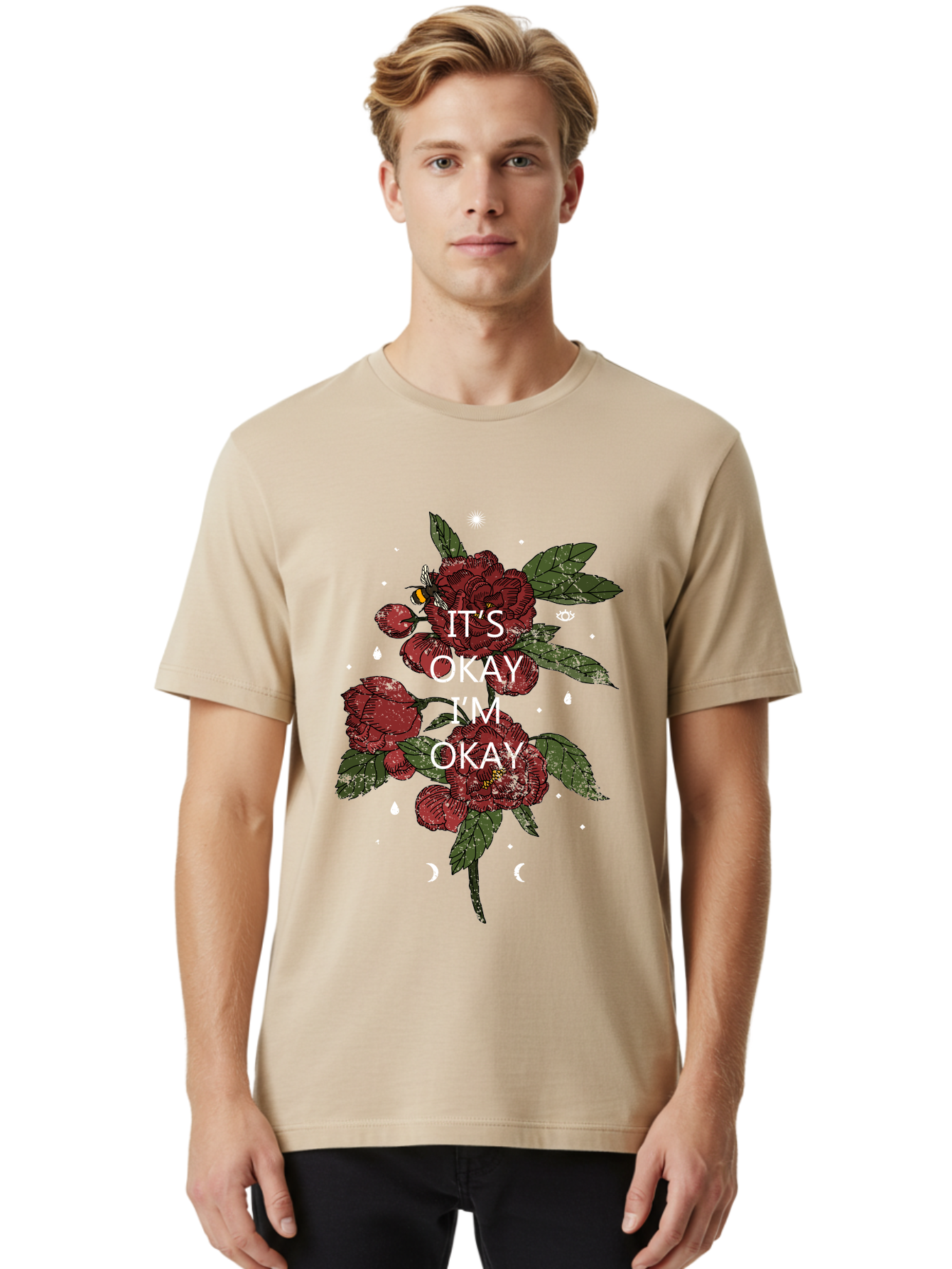 Its Okay Men'S Graphic Tee, 100% Cotton, Comfortable Casual Summer Wear, Machine Washable, Red Roses, Green Leaves, Affirmation Quote, Motivational Phrase, Mental Health Awareness, Self Care, Wellness, Floral Design, Inspirational Art Aae411 6