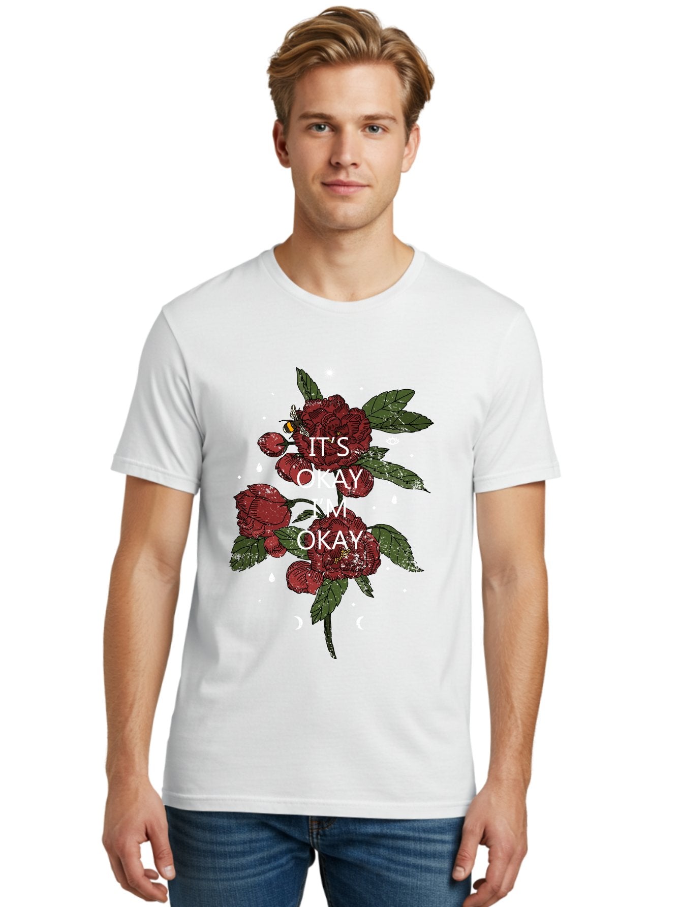 Its Okay Men'S Graphic Tee, 100% Cotton, Comfortable Casual Summer Wear, Machine Washable, Red Roses, Green Leaves, Affirmation Quote, Motivational Phrase, Mental Health Awareness, Self Care, Wellness, Floral Design, Inspirational Art Aae411 17