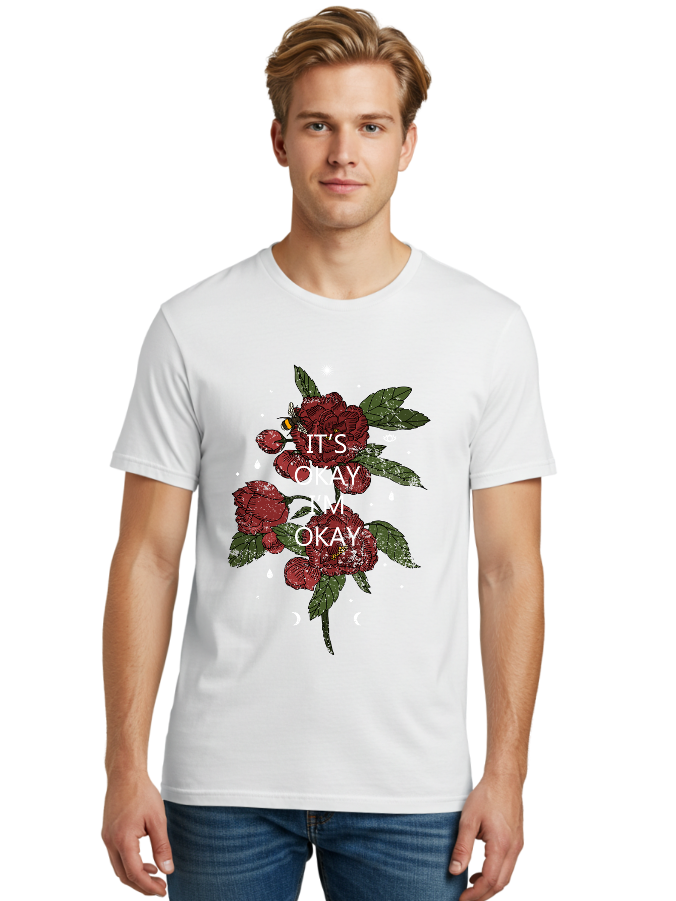 Its Okay Men'S Graphic Tee, 100% Cotton, Comfortable Casual Summer Wear, Machine Washable, Red Roses, Green Leaves, Affirmation Quote, Motivational Phrase, Mental Health Awareness, Self Care, Wellness, Floral Design, Inspirational Art Aae411 10