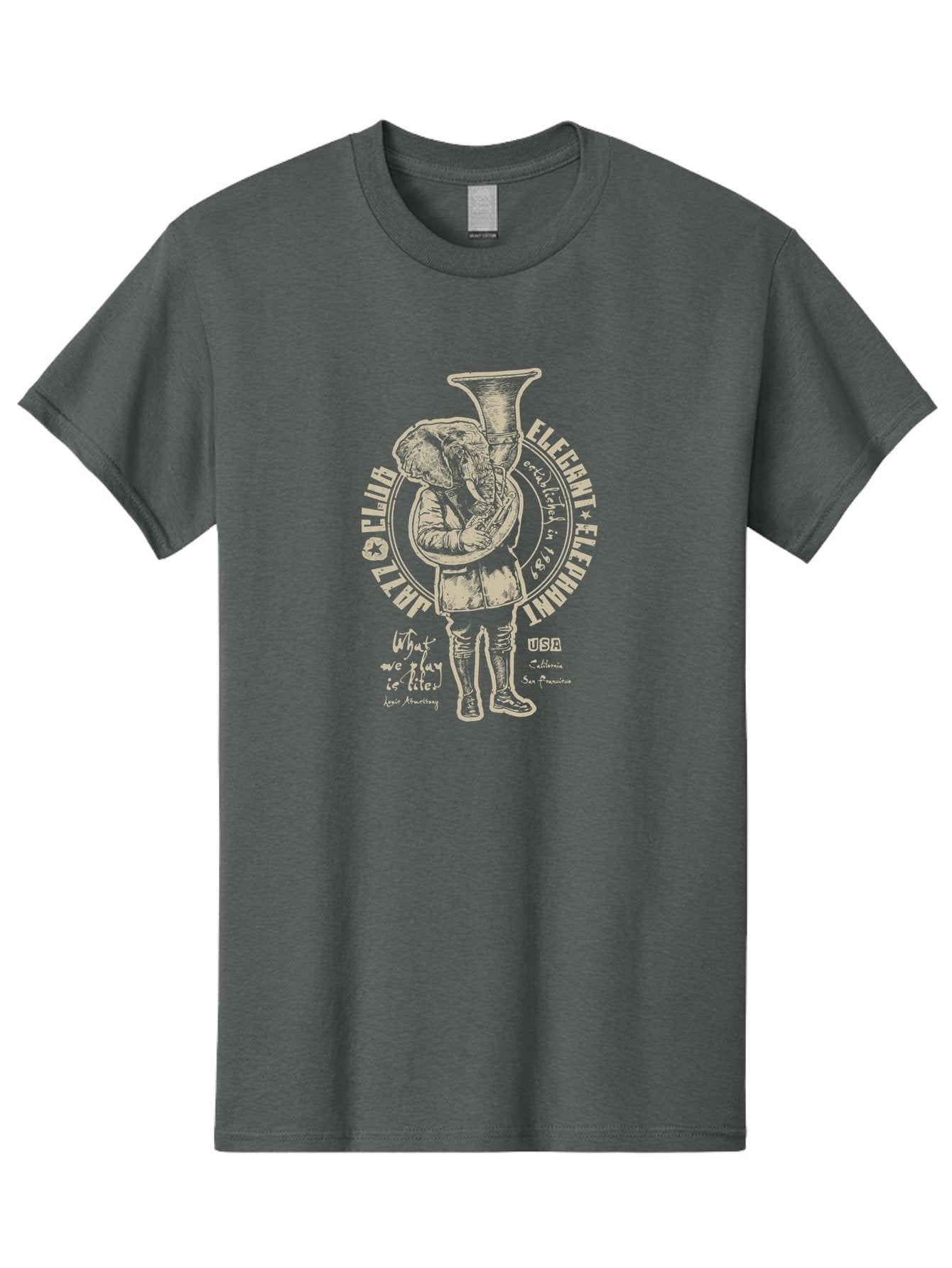 Jazz Club Elegant Elephant Men'S Graphic Tee, 100% Cotton, Comfortable Casual Summer Wear, Machine Washable, Elephant Playing Trumpet, Vintage Illustration, Unique Design, Elegant Typography, Quirky Art, Circus Theme, Playful Graphics, Aae423