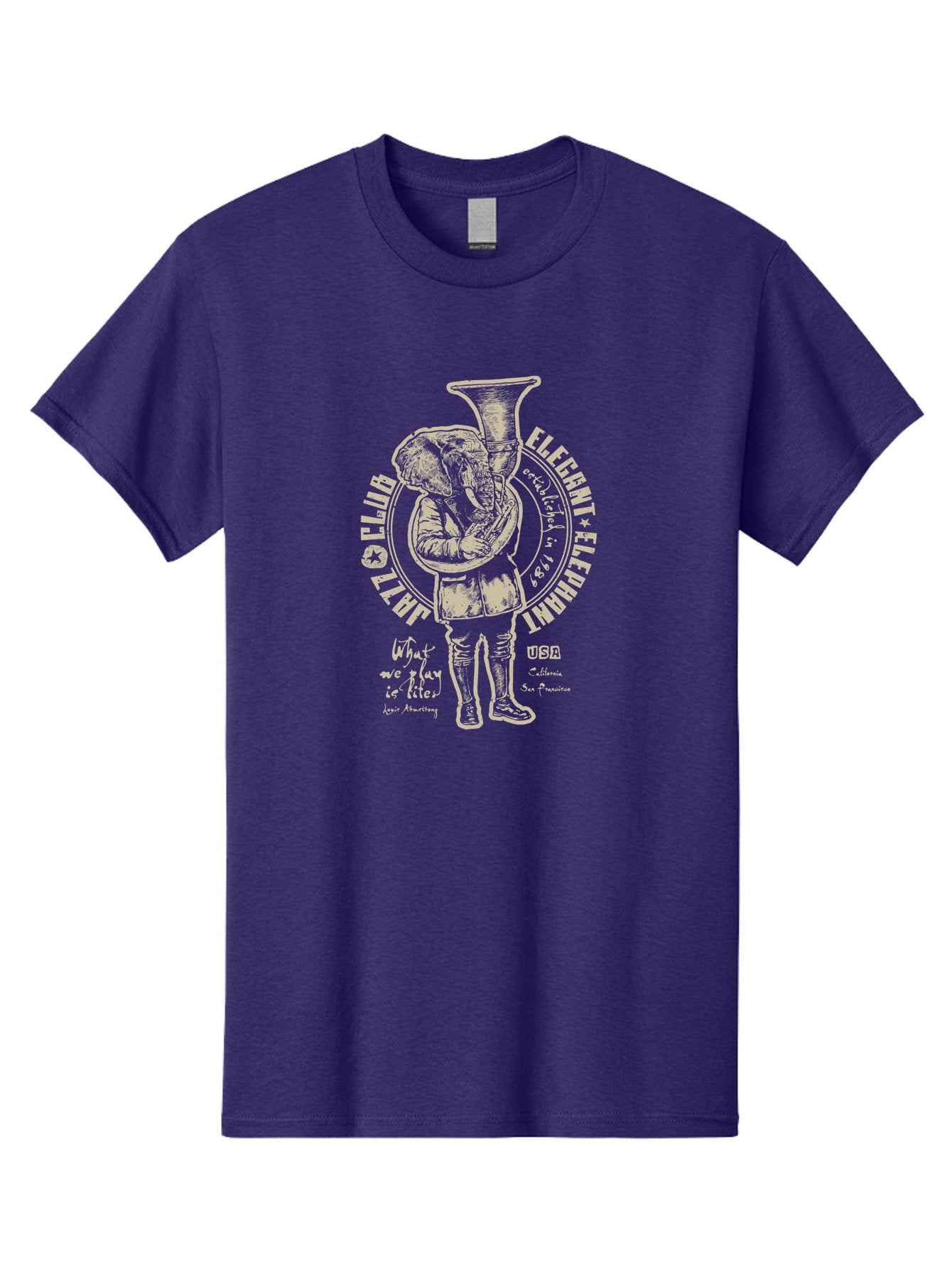 Jazz Club Elegant Elephant Men'S Graphic Tee, 100% Cotton, Comfortable Casual Summer Wear, Machine Washable, Elephant Playing Trumpet, Vintage Illustration, Unique Design, Elegant Typography, Quirky Art, Circus Theme, Playful Graphics, Aae423 8