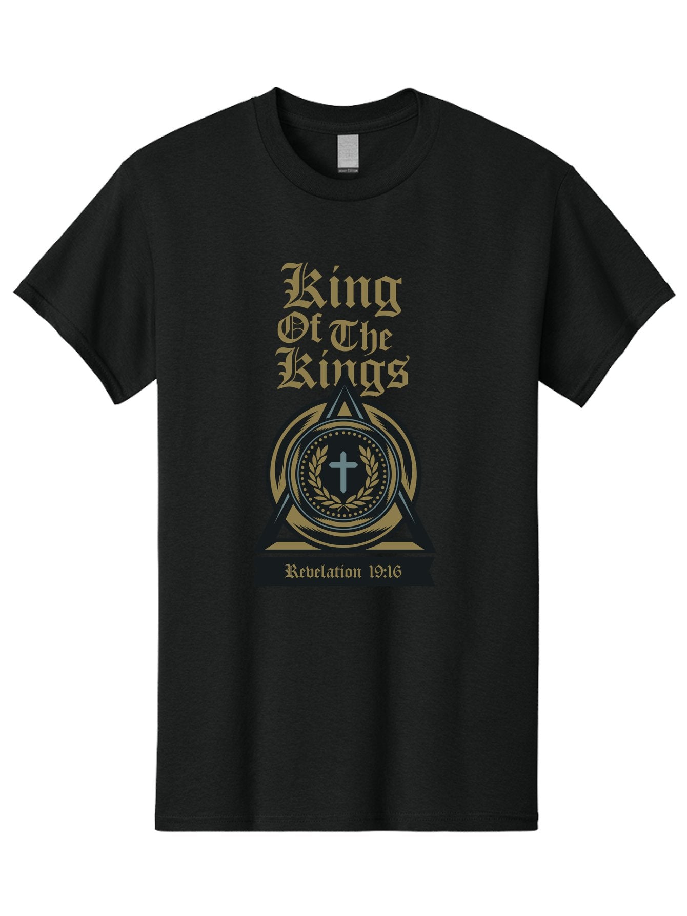 King Of The Kings Men'S Graphic Tee, 100% Cotton, Comfortable Casual Summer Wear, Machine Washable, King Of The Kings Logo, Revelation 19:16, Christian Symbol, Cross In Wreath, Triangle Emblem, Faith Representation, Religious Iconography, Aae434 11