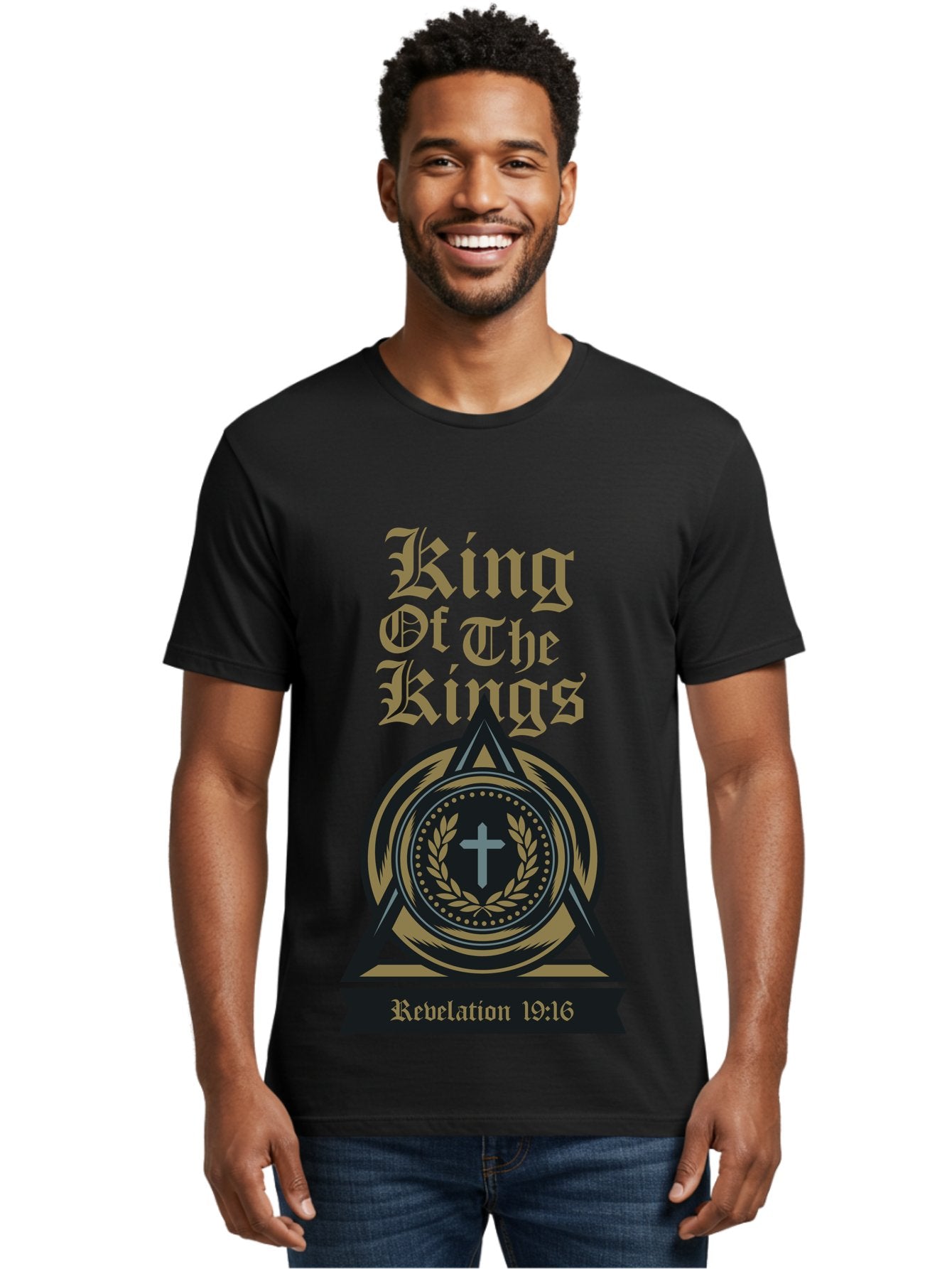 King Of The Kings Men'S Graphic Tee, 100% Cotton, Comfortable Casual Summer Wear, Machine Washable, King Of The Kings Logo, Revelation 19:16, Christian Symbol, Cross In Wreath, Triangle Emblem, Faith Representation, Religious Iconography, Aae434 27