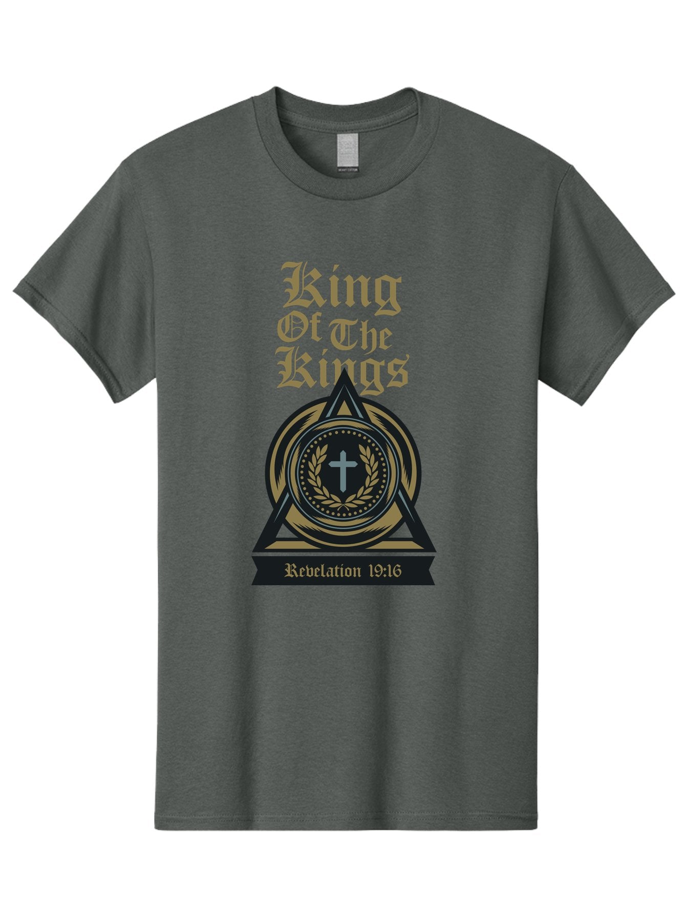 King Of The Kings Men'S Graphic Tee, 100% Cotton, Comfortable Casual Summer Wear, Machine Washable, King Of The Kings Logo, Revelation 19:16, Christian Symbol, Cross In Wreath, Triangle Emblem, Faith Representation, Religious Iconography, Aae434 10