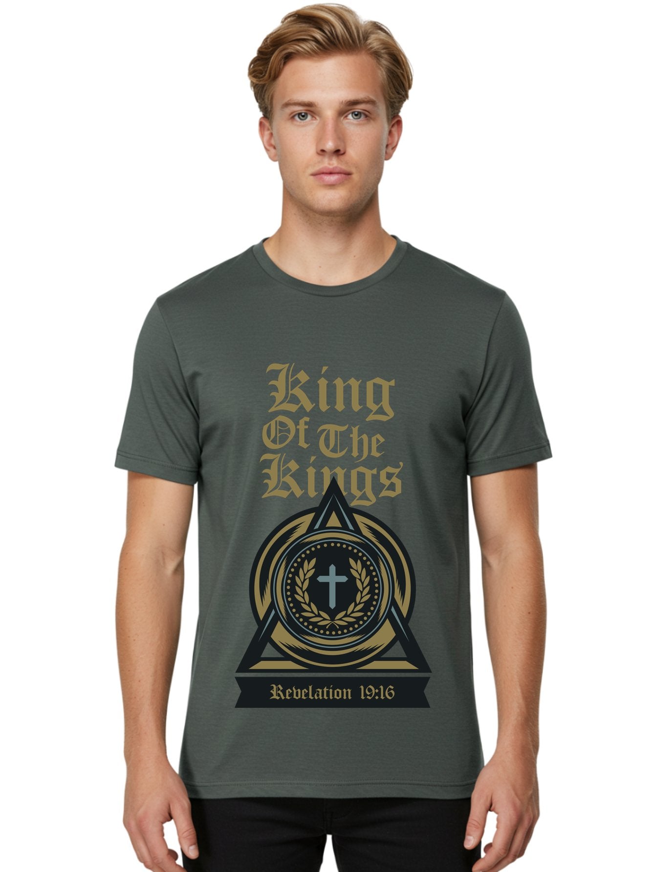 King Of The Kings Men'S Graphic Tee, 100% Cotton, Comfortable Casual Summer Wear, Machine Washable, King Of The Kings Logo, Revelation 19:16, Christian Symbol, Cross In Wreath, Triangle Emblem, Faith Representation, Religious Iconography, Aae434 17