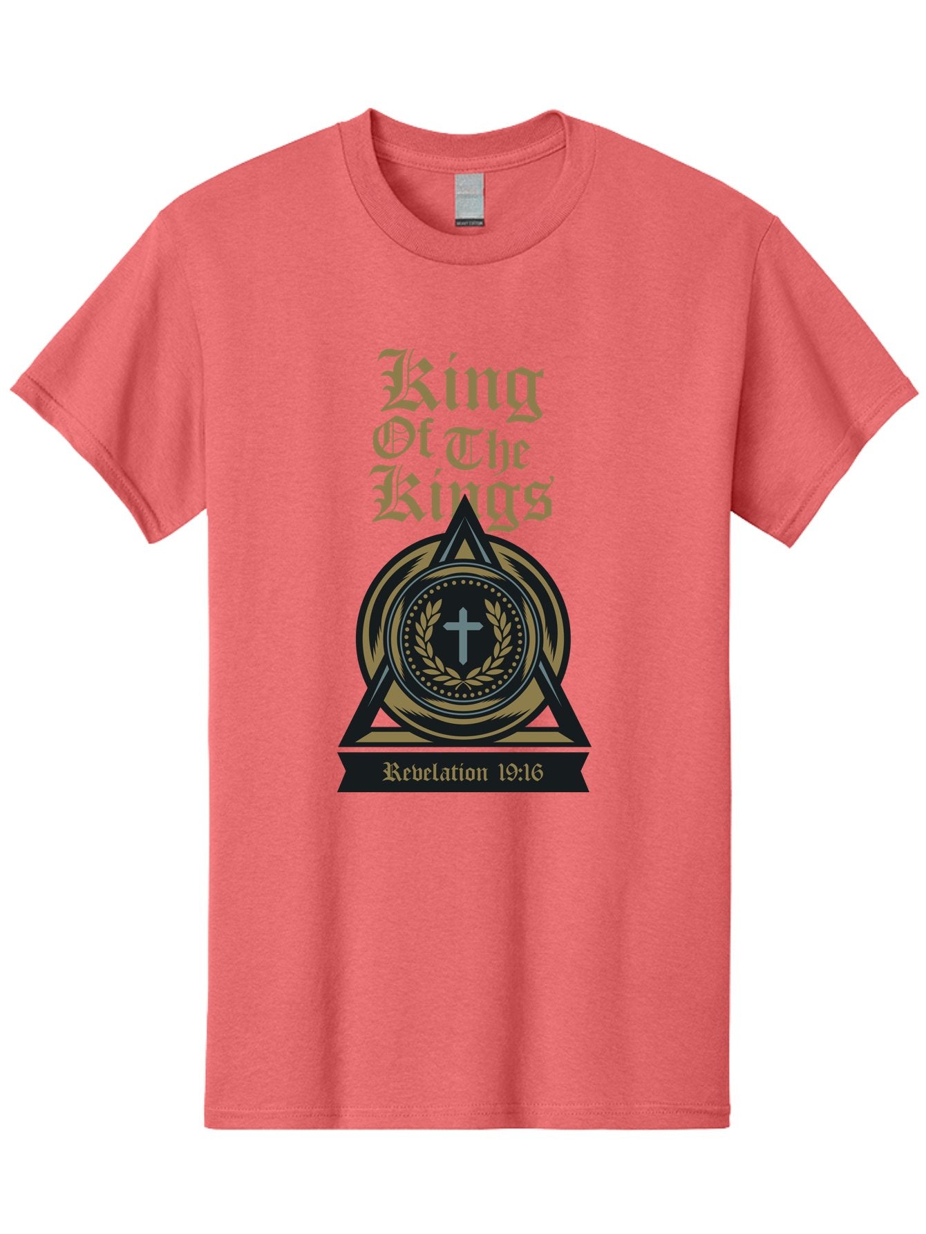 King Of The Kings Men'S Graphic Tee, 100% Cotton, Comfortable Casual Summer Wear, Machine Washable, King Of The Kings Logo, Revelation 19:16, Christian Symbol, Cross In Wreath, Triangle Emblem, Faith Representation, Religious Iconography, Aae434 4