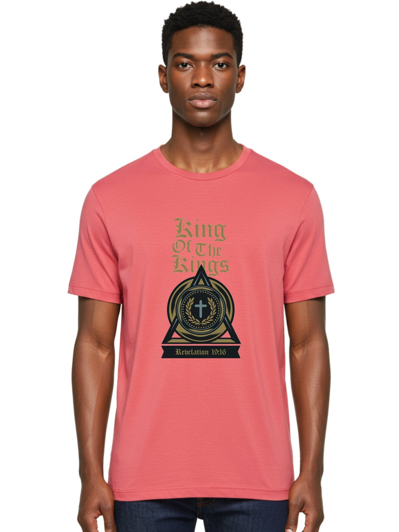 King Of The Kings Men'S Graphic Tee, 100% Cotton, Comfortable Casual Summer Wear, Machine Washable, King Of The Kings Logo, Revelation 19:16, Christian Symbol, Cross In Wreath, Triangle Emblem, Faith Representation, Religious Iconography, Aae434 18