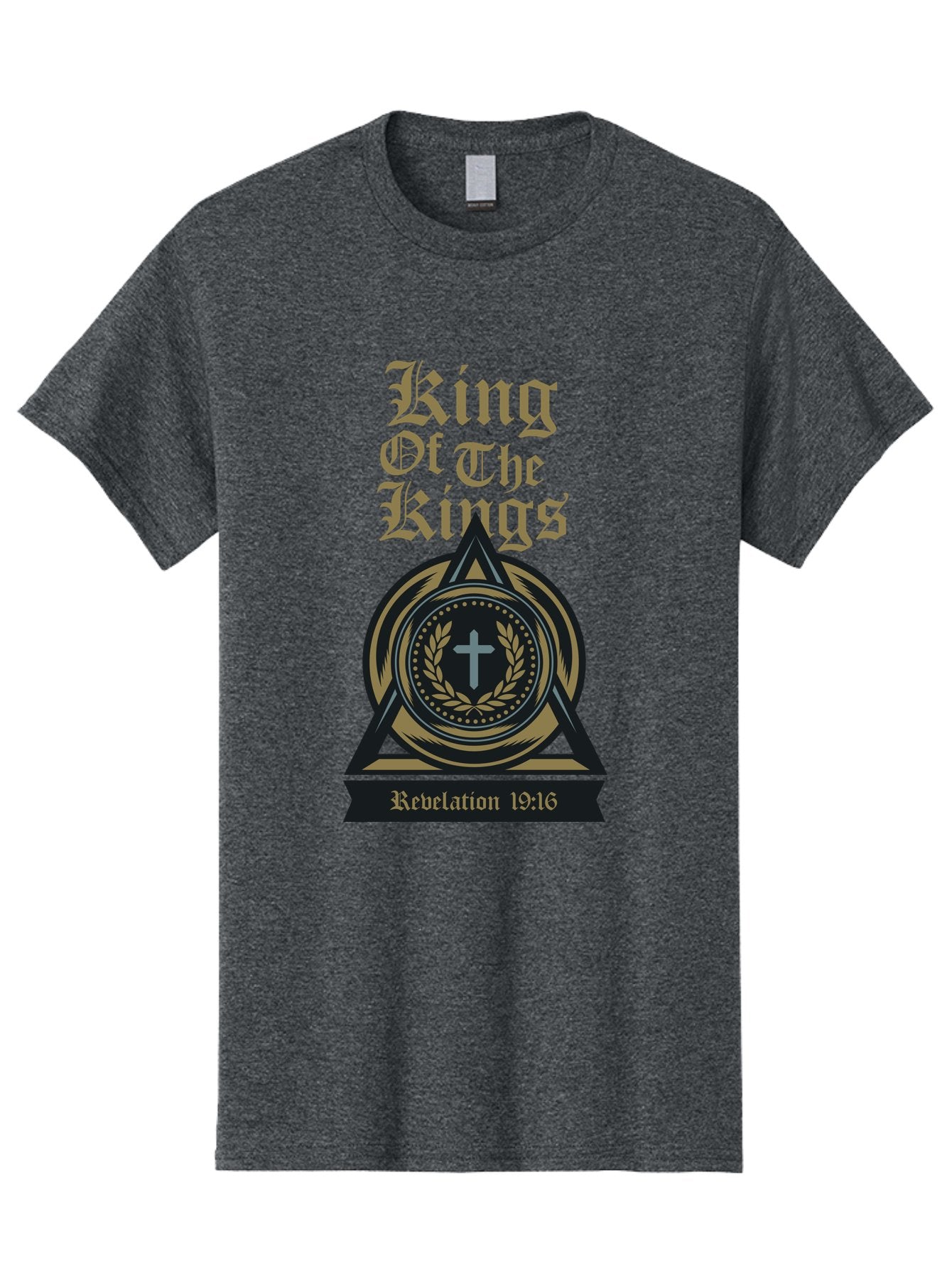 King Of The Kings Men'S Graphic Tee, 100% Cotton, Comfortable Casual Summer Wear, Machine Washable, King Of The Kings Logo, Revelation 19:16, Christian Symbol, Cross In Wreath, Triangle Emblem, Faith Representation, Religious Iconography, Aae434 13