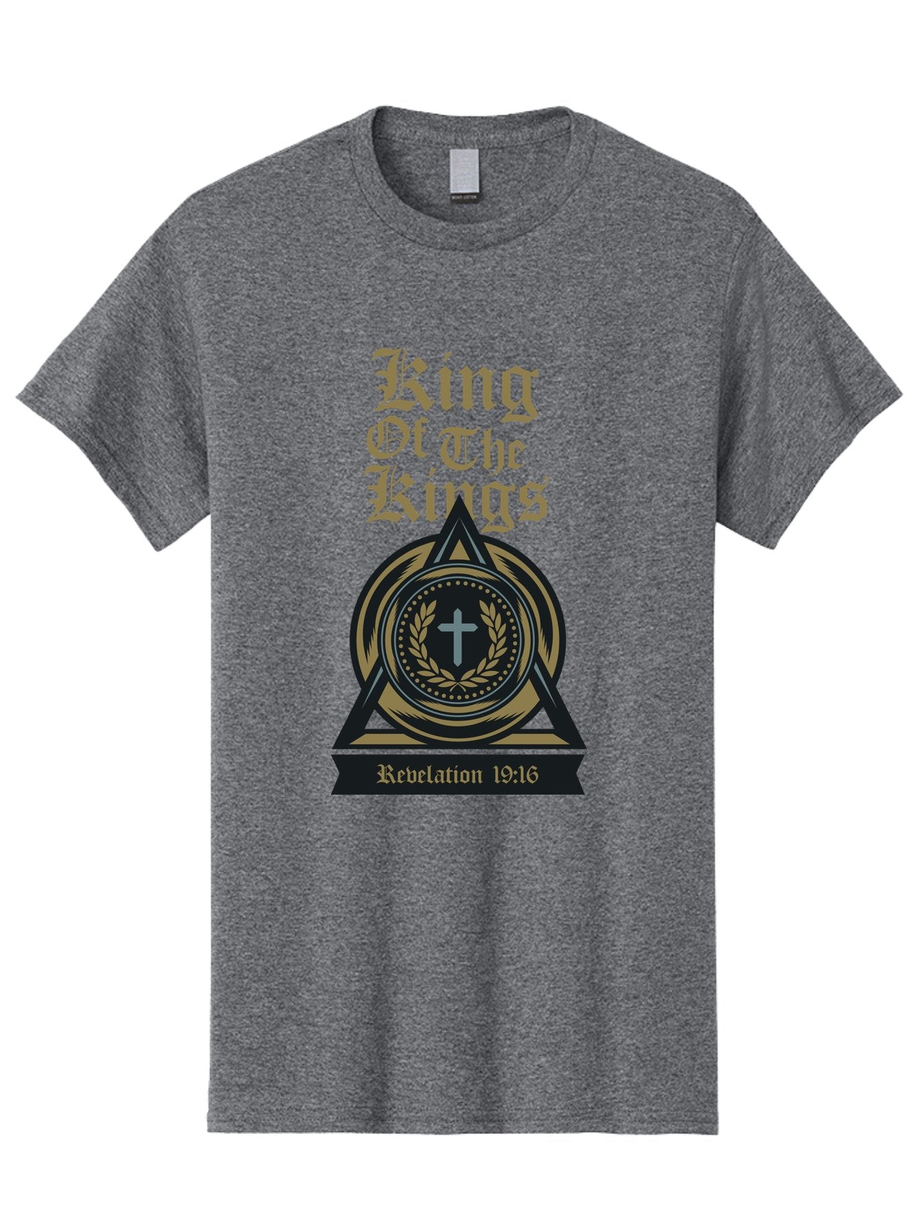 King Of The Kings Men'S Graphic Tee, 100% Cotton, Comfortable Casual Summer Wear, Machine Washable, King Of The Kings Logo, Revelation 19:16, Christian Symbol, Cross In Wreath, Triangle Emblem, Faith Representation, Religious Iconography, Aae434 14
