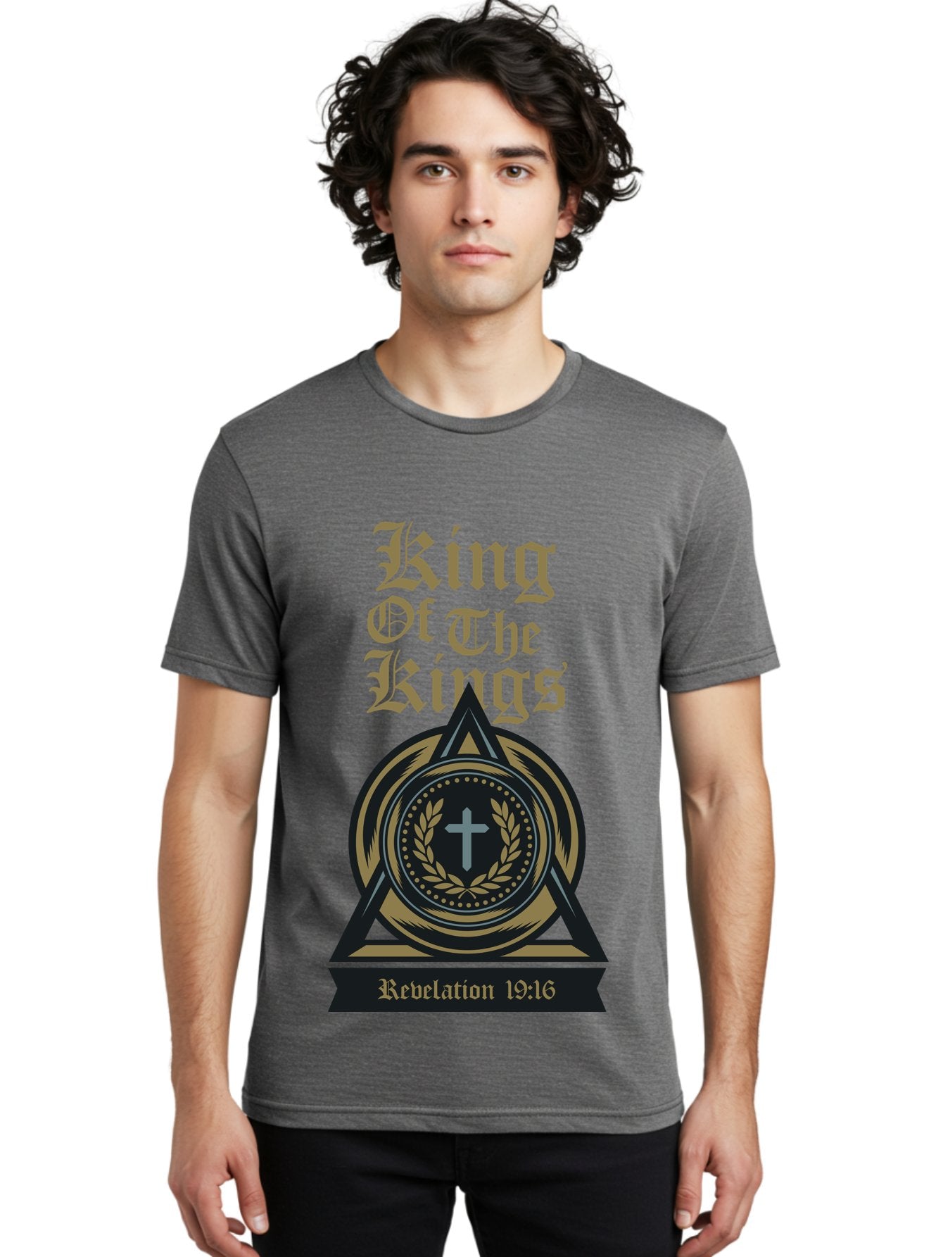 King Of The Kings Men'S Graphic Tee, 100% Cotton, Comfortable Casual Summer Wear, Machine Washable, King Of The Kings Logo, Revelation 19:16, Christian Symbol, Cross In Wreath, Triangle Emblem, Faith Representation, Religious Iconography, Aae434 29