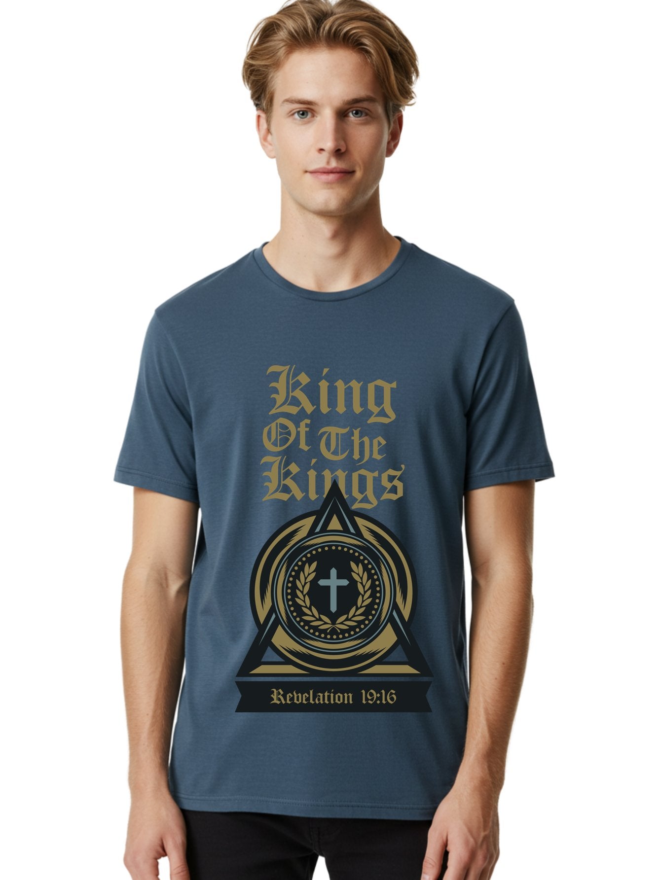 King Of The Kings Men'S Graphic Tee, 100% Cotton, Comfortable Casual Summer Wear, Machine Washable, King Of The Kings Logo, Revelation 19:16, Christian Symbol, Cross In Wreath, Triangle Emblem, Faith Representation, Religious Iconography, Aae434 21