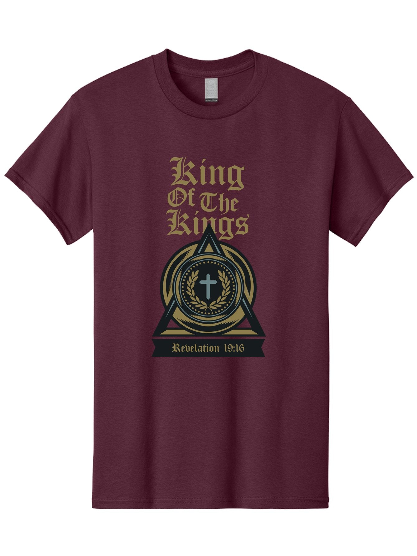 King Of The Kings Men'S Graphic Tee, 100% Cotton, Comfortable Casual Summer Wear, Machine Washable, King Of The Kings Logo, Revelation 19:16, Christian Symbol, Cross In Wreath, Triangle Emblem, Faith Representation, Religious Iconography, Aae434 8