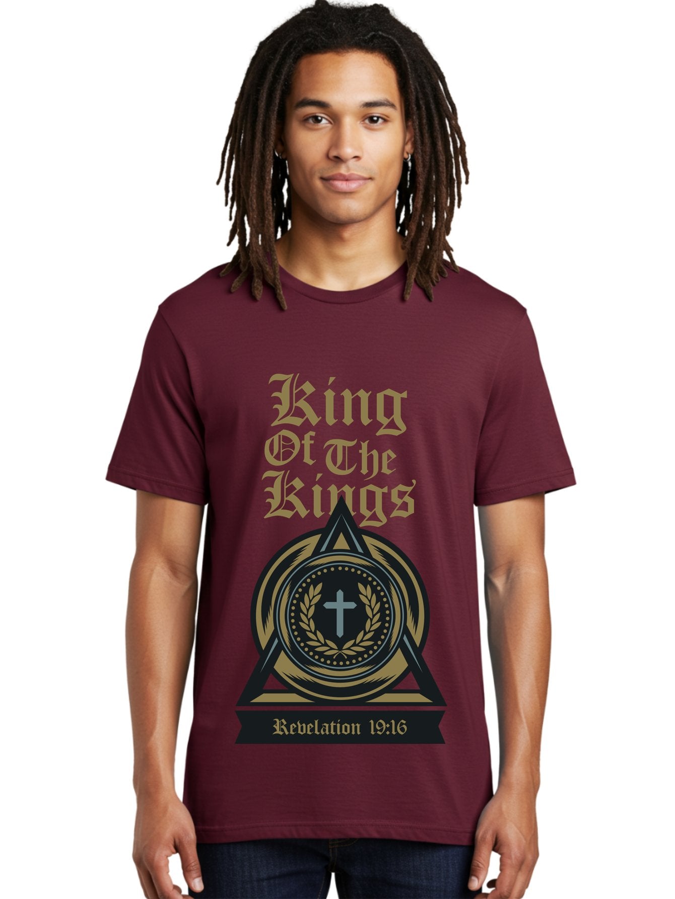King Of The Kings Men'S Graphic Tee, 100% Cotton, Comfortable Casual Summer Wear, Machine Washable, King Of The Kings Logo, Revelation 19:16, Christian Symbol, Cross In Wreath, Triangle Emblem, Faith Representation, Religious Iconography, Aae434 25