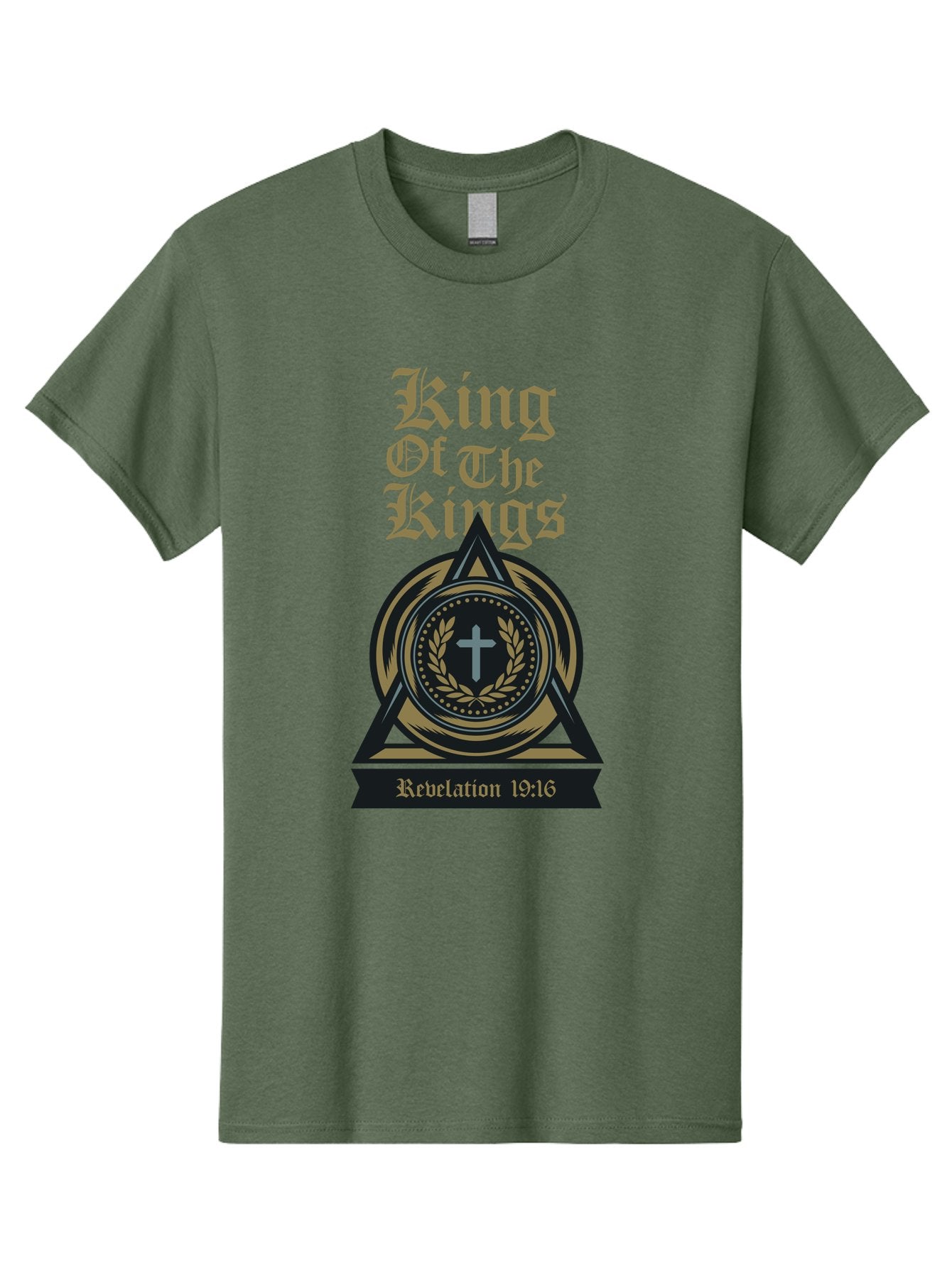 King Of The Kings Men'S Graphic Tee, 100% Cotton, Comfortable Casual Summer Wear, Machine Washable, King Of The Kings Logo, Revelation 19:16, Christian Symbol, Cross In Wreath, Triangle Emblem, Faith Representation, Religious Iconography, Aae434 3