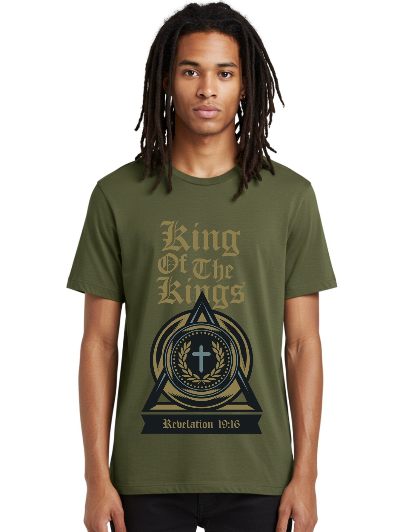 King Of The Kings Men'S Graphic Tee, 100% Cotton, Comfortable Casual Summer Wear, Machine Washable, King Of The Kings Logo, Revelation 19:16, Christian Symbol, Cross In Wreath, Triangle Emblem, Faith Representation, Religious Iconography, Aae434 22