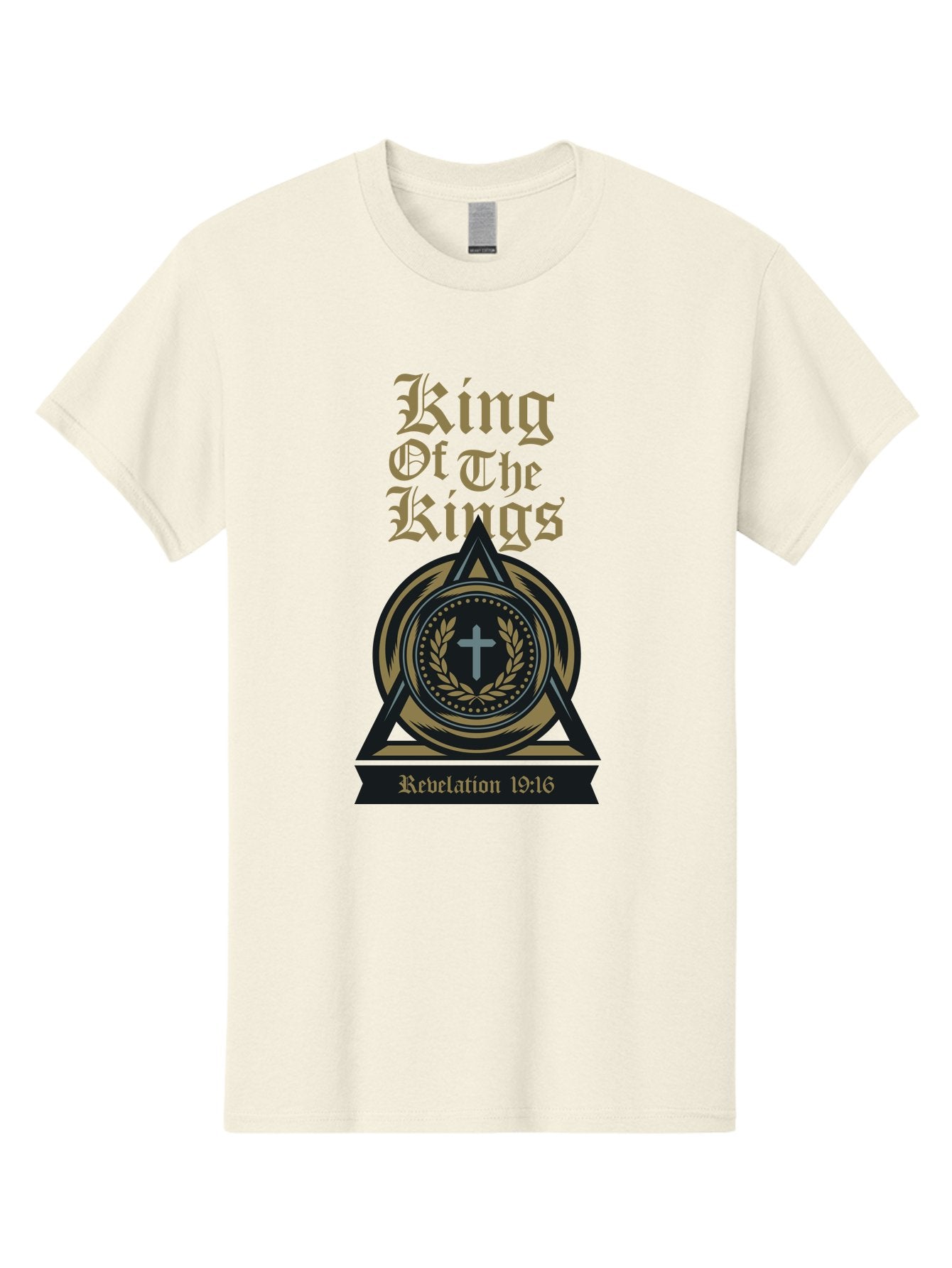 King Of The Kings Men'S Graphic Tee, 100% Cotton, Comfortable Casual Summer Wear, Machine Washable, King Of The Kings Logo, Revelation 19:16, Christian Symbol, Cross In Wreath, Triangle Emblem, Faith Representation, Religious Iconography, Aae434 15