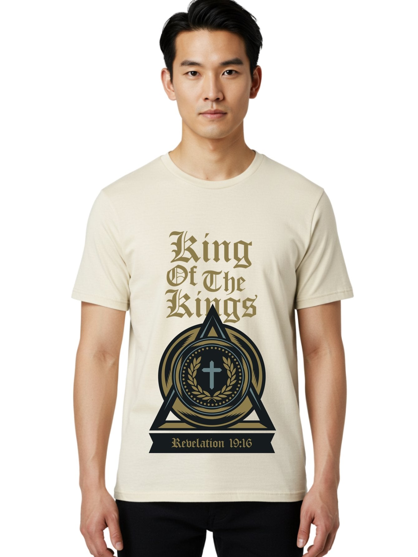 King Of The Kings Men'S Graphic Tee, 100% Cotton, Comfortable Casual Summer Wear, Machine Washable, King Of The Kings Logo, Revelation 19:16, Christian Symbol, Cross In Wreath, Triangle Emblem, Faith Representation, Religious Iconography, Aae434 30