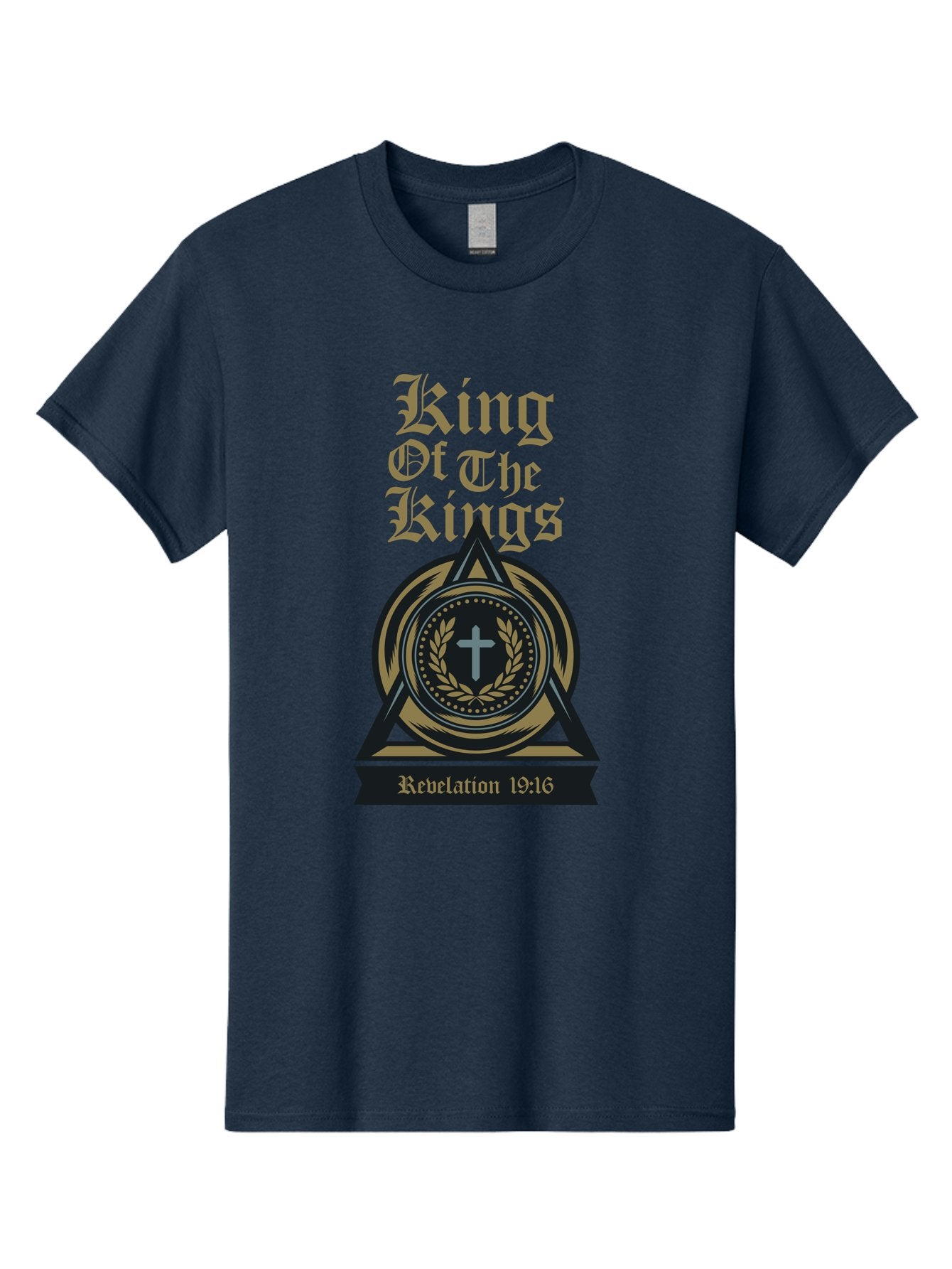 King Of The Kings Men'S Graphic Tee, 100% Cotton, Comfortable Casual Summer Wear, Machine Washable, King Of The Kings Logo, Revelation 19:16, Christian Symbol, Cross In Wreath, Triangle Emblem, Faith Representation, Religious Iconography, Aae434 7