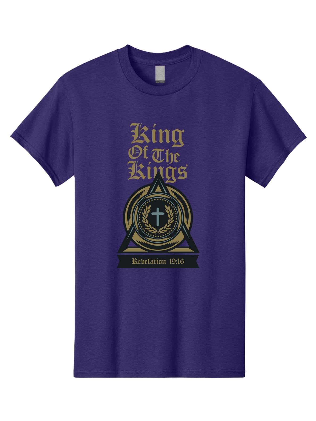King Of The Kings Men'S Graphic Tee, 100% Cotton, Comfortable Casual Summer Wear, Machine Washable, King Of The Kings Logo, Revelation 19:16, Christian Symbol, Cross In Wreath, Triangle Emblem, Faith Representation, Religious Iconography, Aae434 9