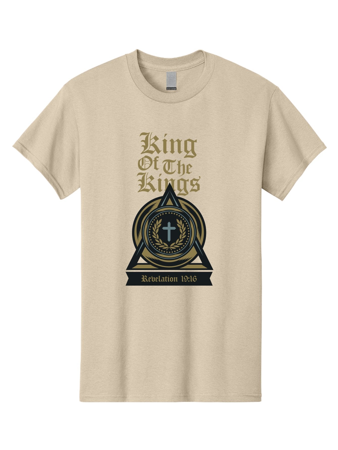 King Of The Kings Men'S Graphic Tee, 100% Cotton, Comfortable Casual Summer Wear, Machine Washable, King Of The Kings Logo, Revelation 19:16, Christian Symbol, Cross In Wreath, Triangle Emblem, Faith Representation, Religious Iconography, Aae434 6