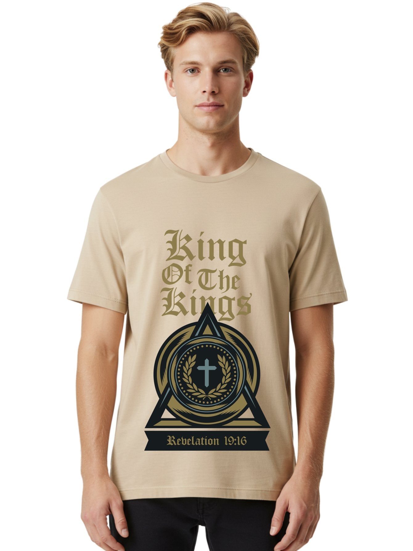 King Of The Kings Men'S Graphic Tee, 100% Cotton, Comfortable Casual Summer Wear, Machine Washable, King Of The Kings Logo, Revelation 19:16, Christian Symbol, Cross In Wreath, Triangle Emblem, Faith Representation, Religious Iconography, Aae434 24