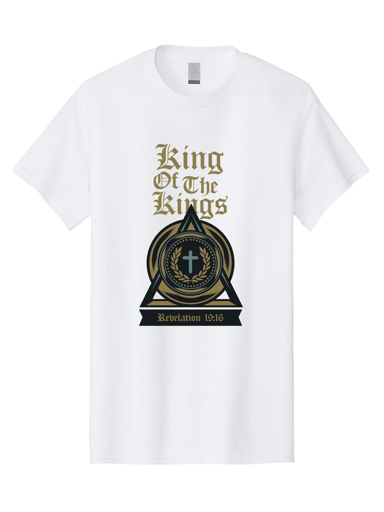 King Of The Kings Men'S Graphic Tee, 100% Cotton, Comfortable Casual Summer Wear, Machine Washable, King Of The Kings Logo, Revelation 19:16, Christian Symbol, Cross In Wreath, Triangle Emblem, Faith Representation, Religious Iconography, Aae434 5