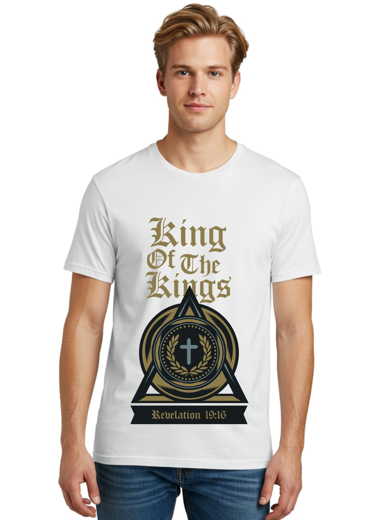 King Of The Kings Men'S Graphic Tee, 100% Cotton, Comfortable Casual Summer Wear, Machine Washable, King Of The Kings Logo, Revelation 19:16, Christian Symbol, Cross In Wreath, Triangle Emblem, Faith Representation, Religious Iconography, Aae434 23