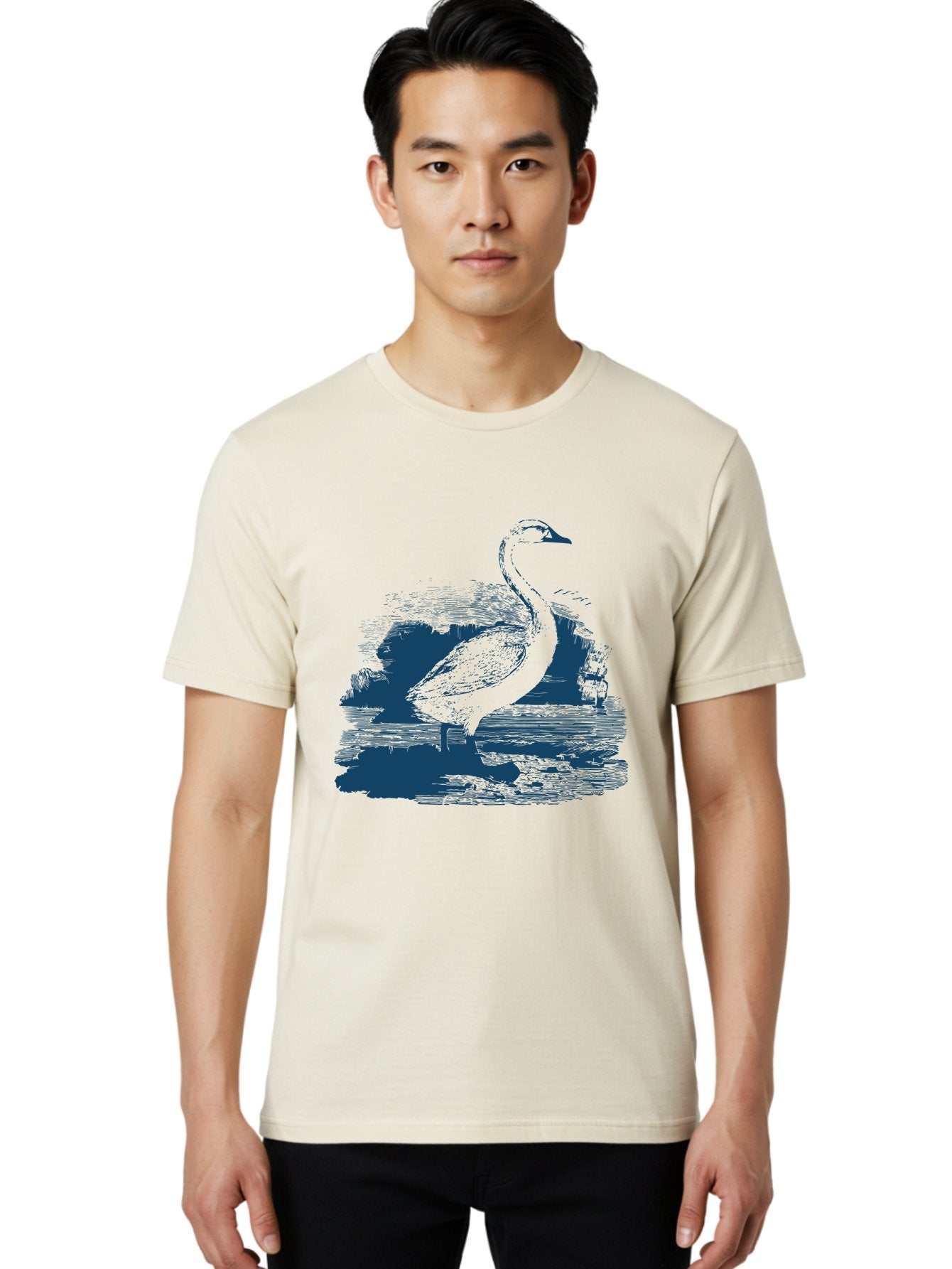 Lakeborn Swan Men'S Graphic Tee, 100% Cotton, Comfortable Casual Summer Wear, Machine Washable, Duck, Waterfowl, Bird Illustration, Graphic Art, Simple Design, Minimalist Style, Monochrome Effect, Wildlife, Nature Aae443 25