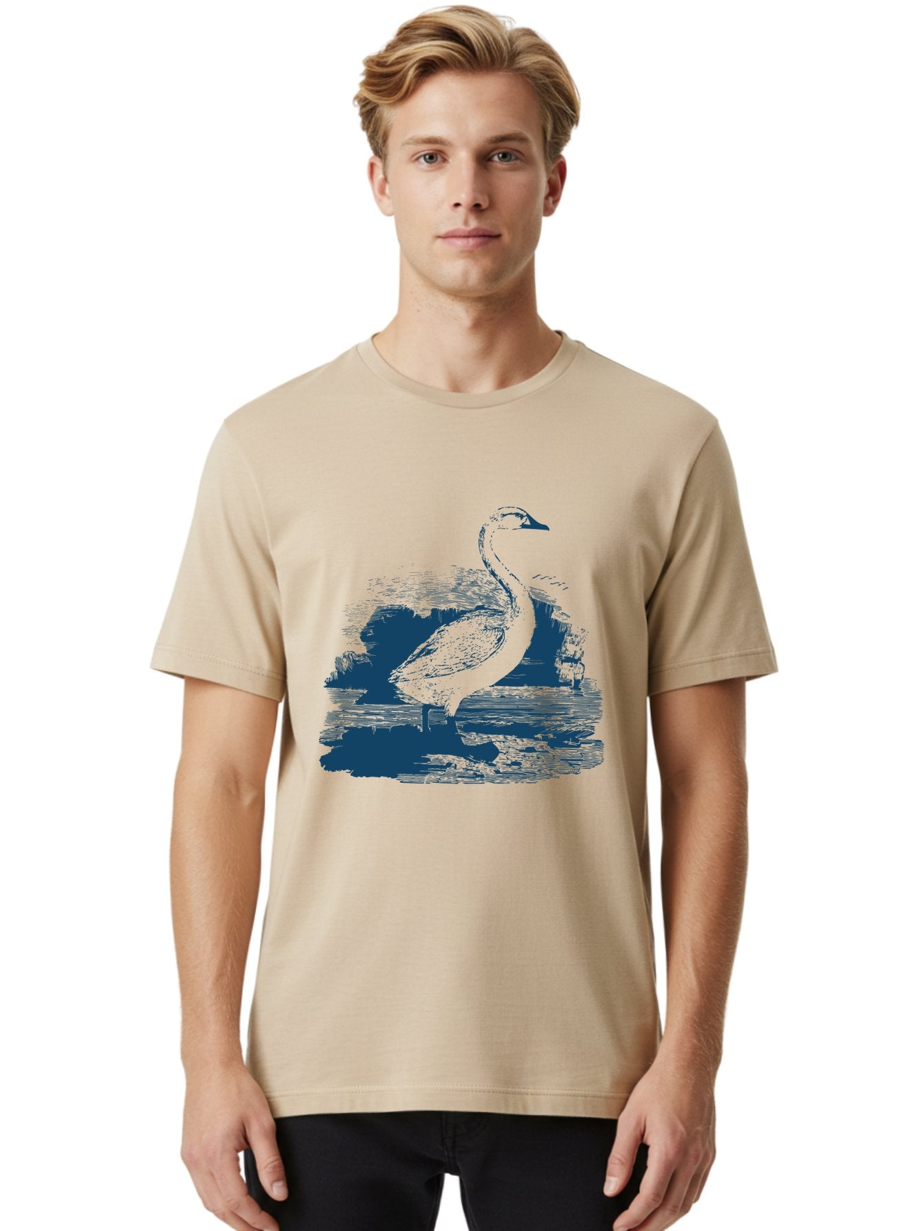 Lakeborn Swan Men'S Graphic Tee, 100% Cotton, Comfortable Casual Summer Wear, Machine Washable, Duck, Waterfowl, Bird Illustration, Graphic Art, Simple Design, Minimalist Style, Monochrome Effect, Wildlife, Nature Aae443 22