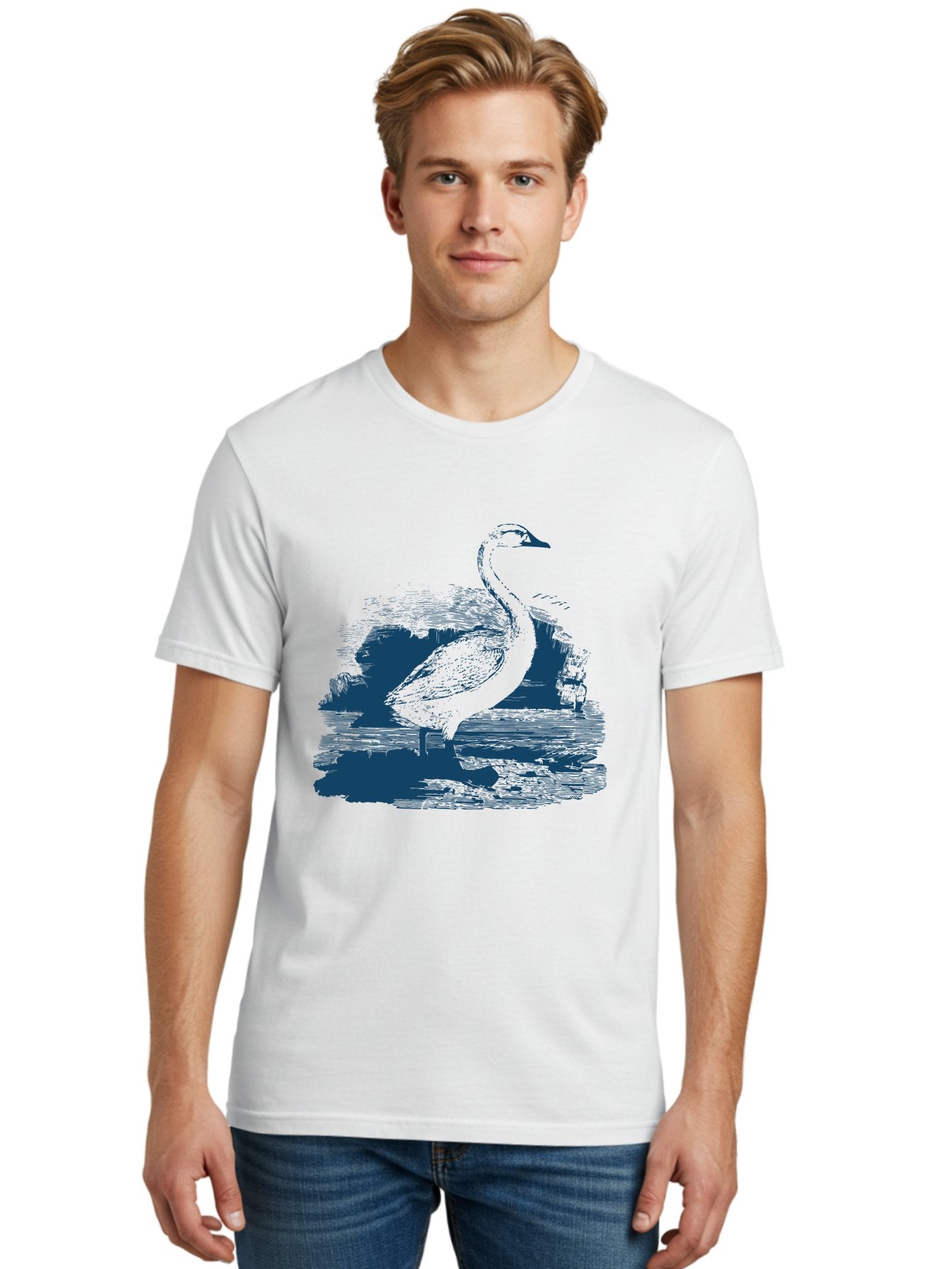 Lakeborn Swan Men'S Graphic Tee, 100% Cotton, Comfortable Casual Summer Wear, Machine Washable, Duck, Waterfowl, Bird Illustration, Graphic Art, Simple Design, Minimalist Style, Monochrome Effect, Wildlife, Nature Aae443 23