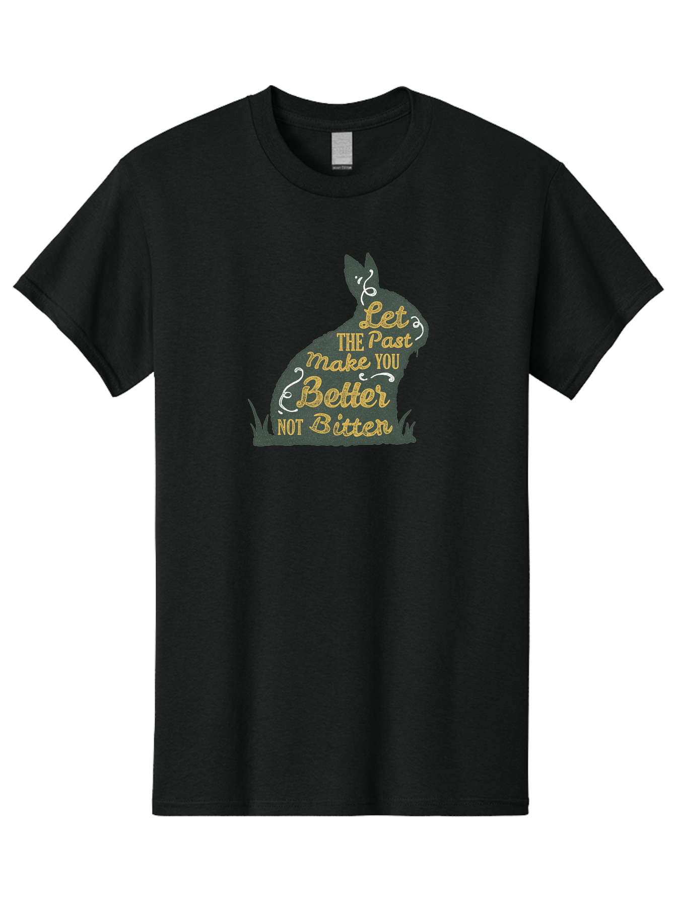 Let The Past Make You Better Not Bitter Men'S Graphic Tee, 100% Cotton, Comfortable Casual Summer Wear, Machine Washable, Inspirational Quote, Motivational Phrase, Rabbit Silhouette, Yellow Typography, White Swirls, Grassy Base, Aae448 3