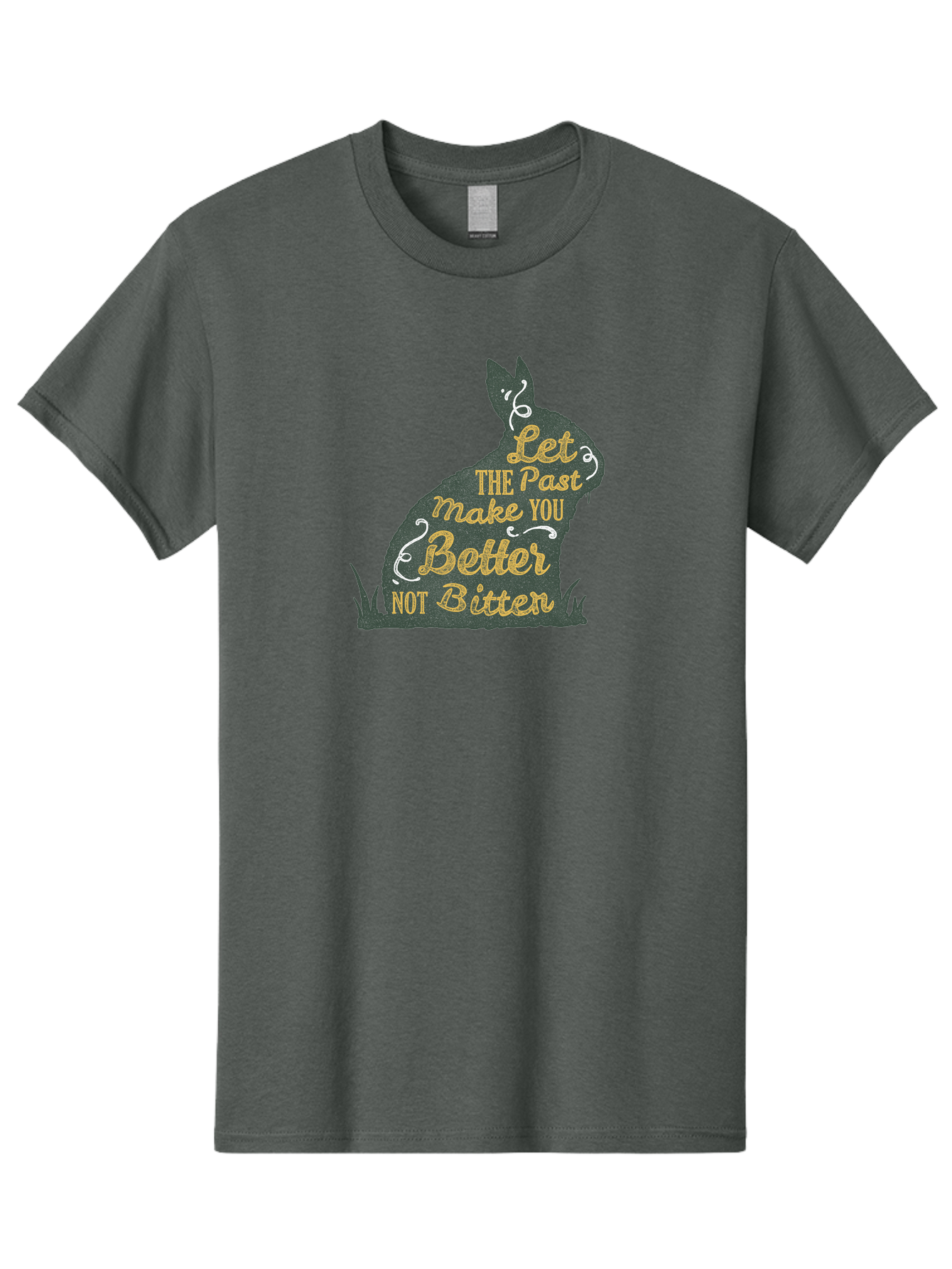 Let The Past Make You Better Not Bitter Men'S Graphic Tee, 100% Cotton, Comfortable Casual Summer Wear, Machine Washable, Inspirational Quote, Motivational Phrase, Rabbit Silhouette, Yellow Typography, White Swirls, Grassy Base, Aae448 21