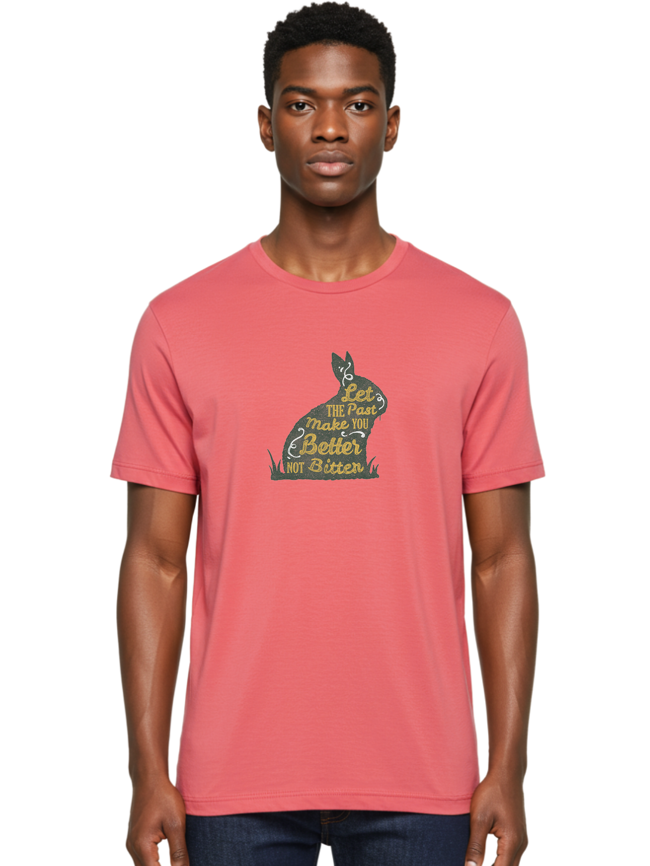 Let The Past Make You Better Not Bitter Men'S Graphic Tee, 100% Cotton, Comfortable Casual Summer Wear, Machine Washable, Inspirational Quote, Motivational Phrase, Rabbit Silhouette, Yellow Typography, White Swirls, Grassy Base, Aae448 24