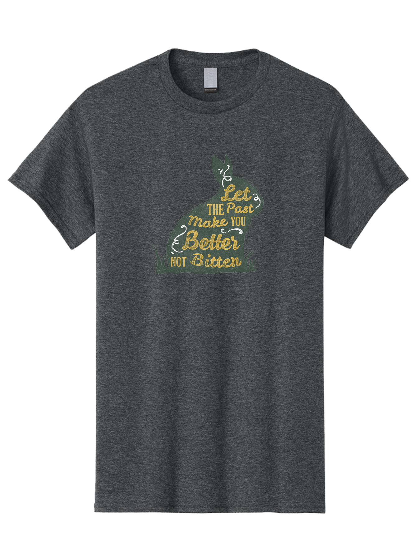Let The Past Make You Better Not Bitter Men'S Graphic Tee, 100% Cotton, Comfortable Casual Summer Wear, Machine Washable, Inspirational Quote, Motivational Phrase, Rabbit Silhouette, Yellow Typography, White Swirls, Grassy Base, Aae448 11