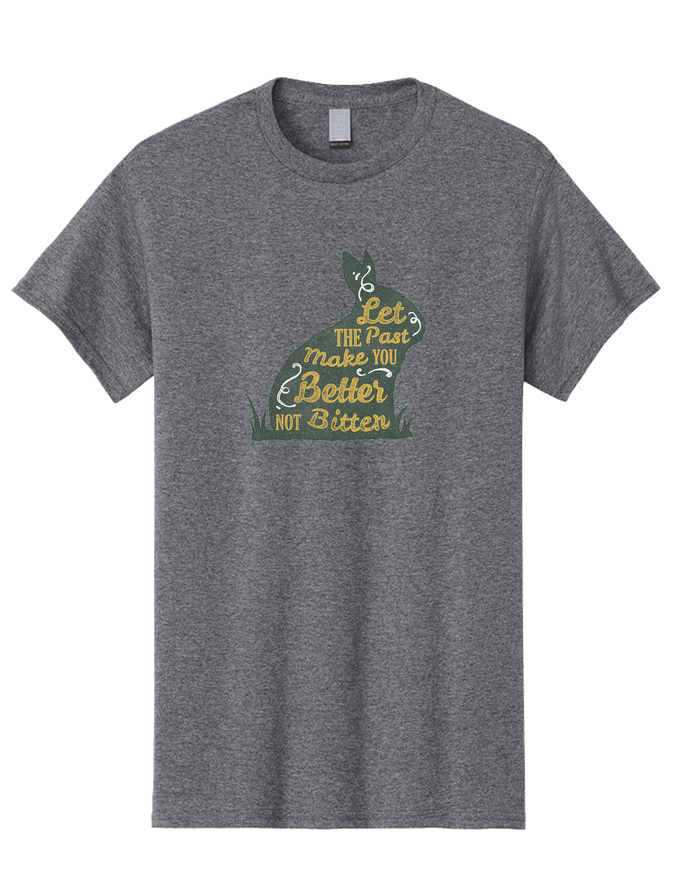 Let The Past Make You Better Not Bitter Men'S Graphic Tee, 100% Cotton, Comfortable Casual Summer Wear, Machine Washable, Inspirational Quote, Motivational Phrase, Rabbit Silhouette, Yellow Typography, White Swirls, Grassy Base, Aae448 17
