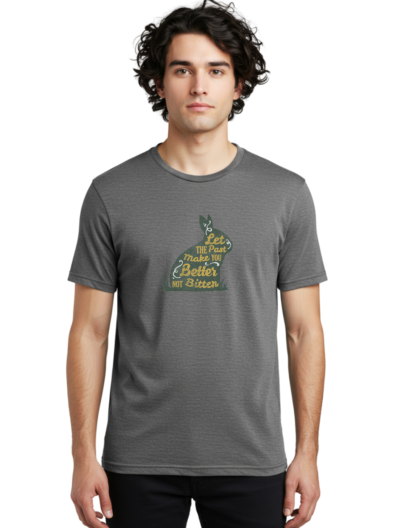 Let The Past Make You Better Not Bitter Men'S Graphic Tee, 100% Cotton, Comfortable Casual Summer Wear, Machine Washable, Inspirational Quote, Motivational Phrase, Rabbit Silhouette, Yellow Typography, White Swirls, Grassy Base, Aae448 18