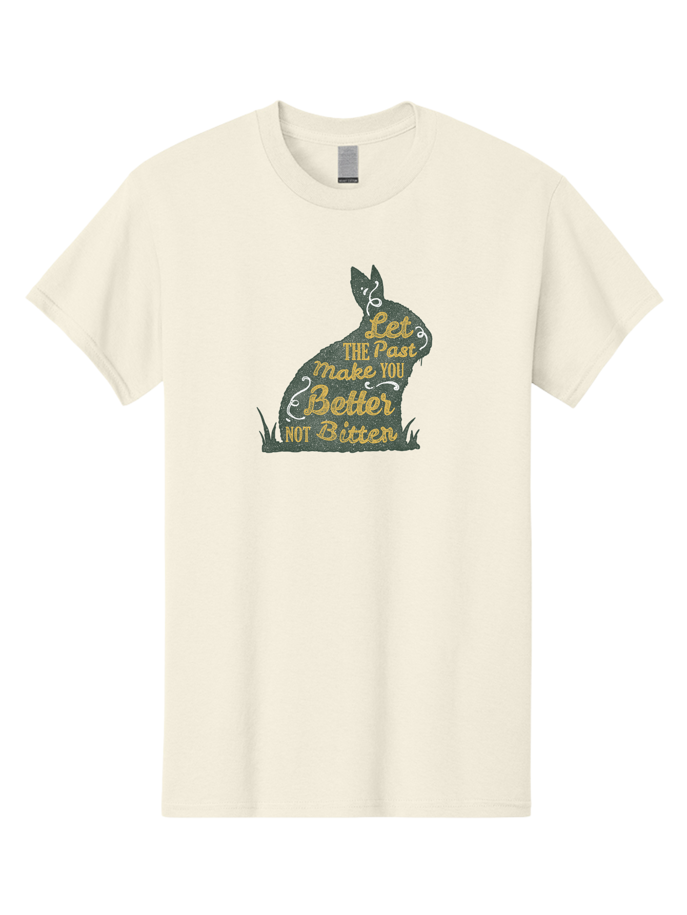 Let The Past Make You Better Not Bitter Men'S Graphic Tee, 100% Cotton, Comfortable Casual Summer Wear, Machine Washable, Inspirational Quote, Motivational Phrase, Rabbit Silhouette, Yellow Typography, White Swirls, Grassy Base, Aae448 25