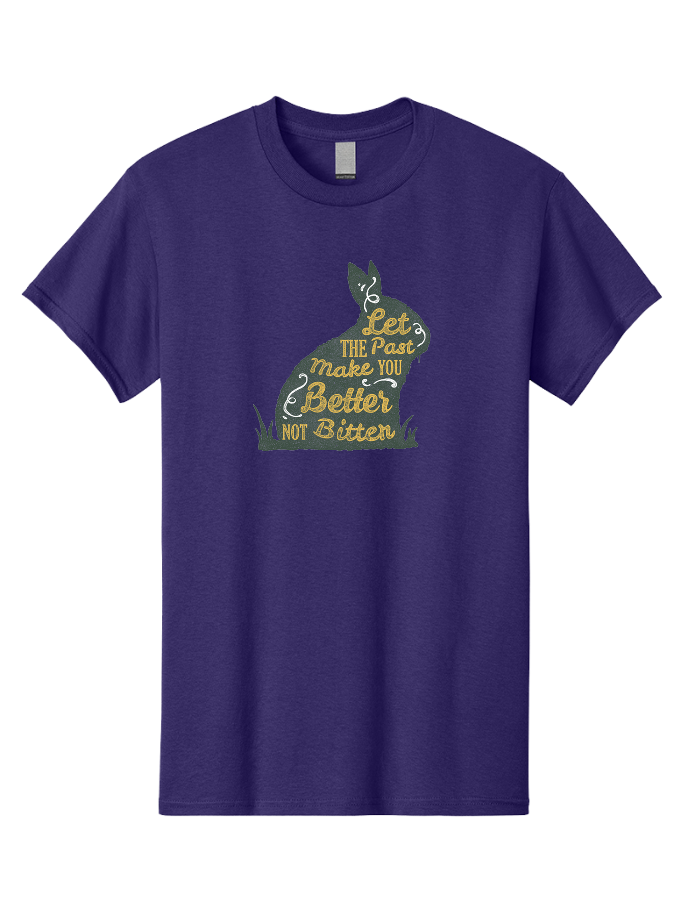 Let The Past Make You Better Not Bitter Men'S Graphic Tee, 100% Cotton, Comfortable Casual Summer Wear, Machine Washable, Inspirational Quote, Motivational Phrase, Rabbit Silhouette, Yellow Typography, White Swirls, Grassy Base, Aae448 9