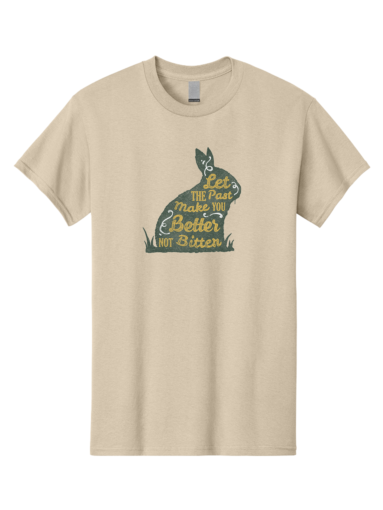 Let The Past Make You Better Not Bitter Men'S Graphic Tee, 100% Cotton, Comfortable Casual Summer Wear, Machine Washable, Inspirational Quote, Motivational Phrase, Rabbit Silhouette, Yellow Typography, White Swirls, Grassy Base, Aae448 7
