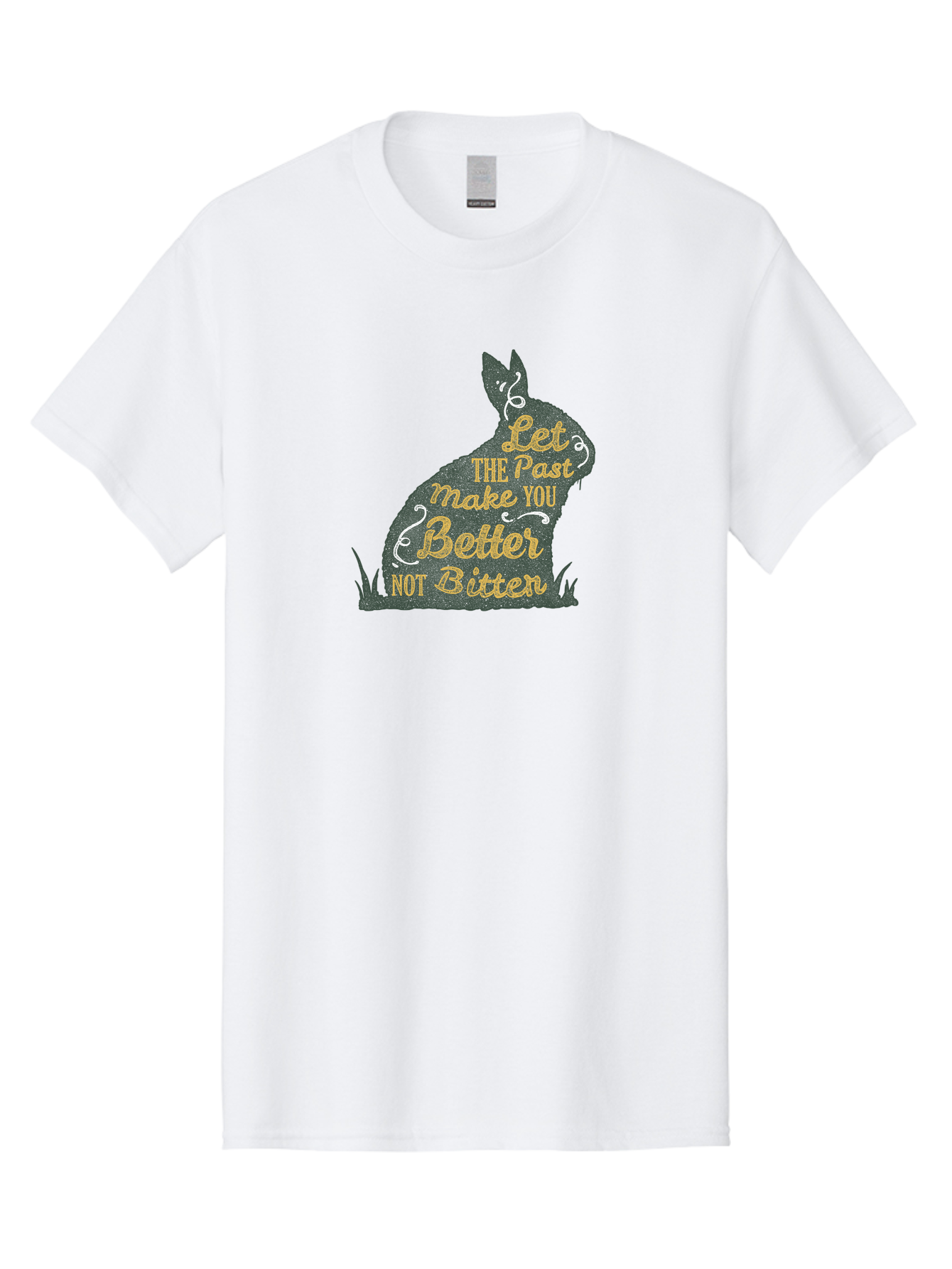 Let The Past Make You Better Not Bitter Men'S Graphic Tee, 100% Cotton, Comfortable Casual Summer Wear, Machine Washable, Inspirational Quote, Motivational Phrase, Rabbit Silhouette, Yellow Typography, White Swirls, Grassy Base, Aae448 19