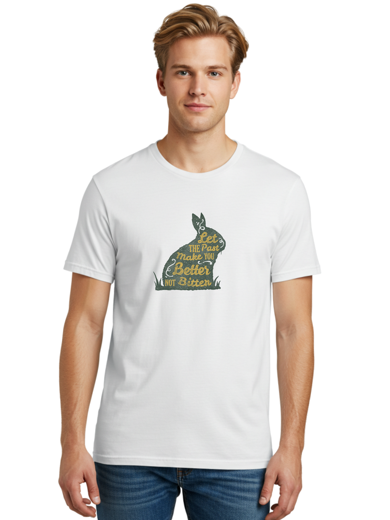 Let The Past Make You Better Not Bitter Men'S Graphic Tee, 100% Cotton, Comfortable Casual Summer Wear, Machine Washable, Inspirational Quote, Motivational Phrase, Rabbit Silhouette, Yellow Typography, White Swirls, Grassy Base, Aae448 20
