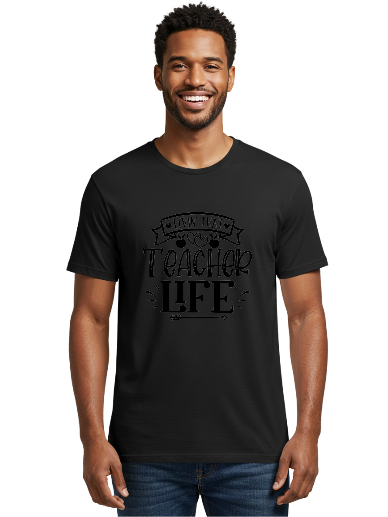 Livin That Teacher Life Men'S Graphic Tee, 100% Cotton, Comfortable Casual Summer Wear, Machine Washable, Teacher Life, Teaching Profession, Educator Lifestyle, Apple Hearts, Inspirational Quote, Motivational Saying, Teacher Apparel, Aae459