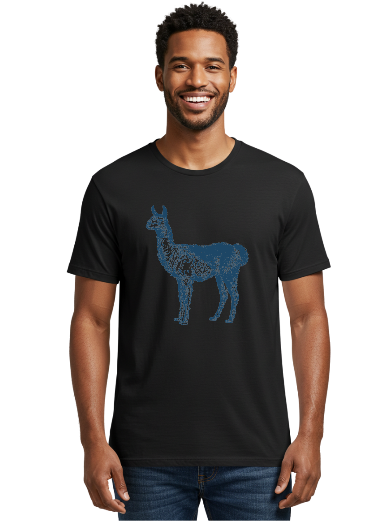 Llama Men'S Graphic Tee, 100% Cotton, Comfortable Casual Summer Wear, Machine Washable, Llama Illustration, Furry Animal, Camelid Species, Wildlife Art, Graphic Design, Modern Style, Pointillism, Blue Tones Aae460 28