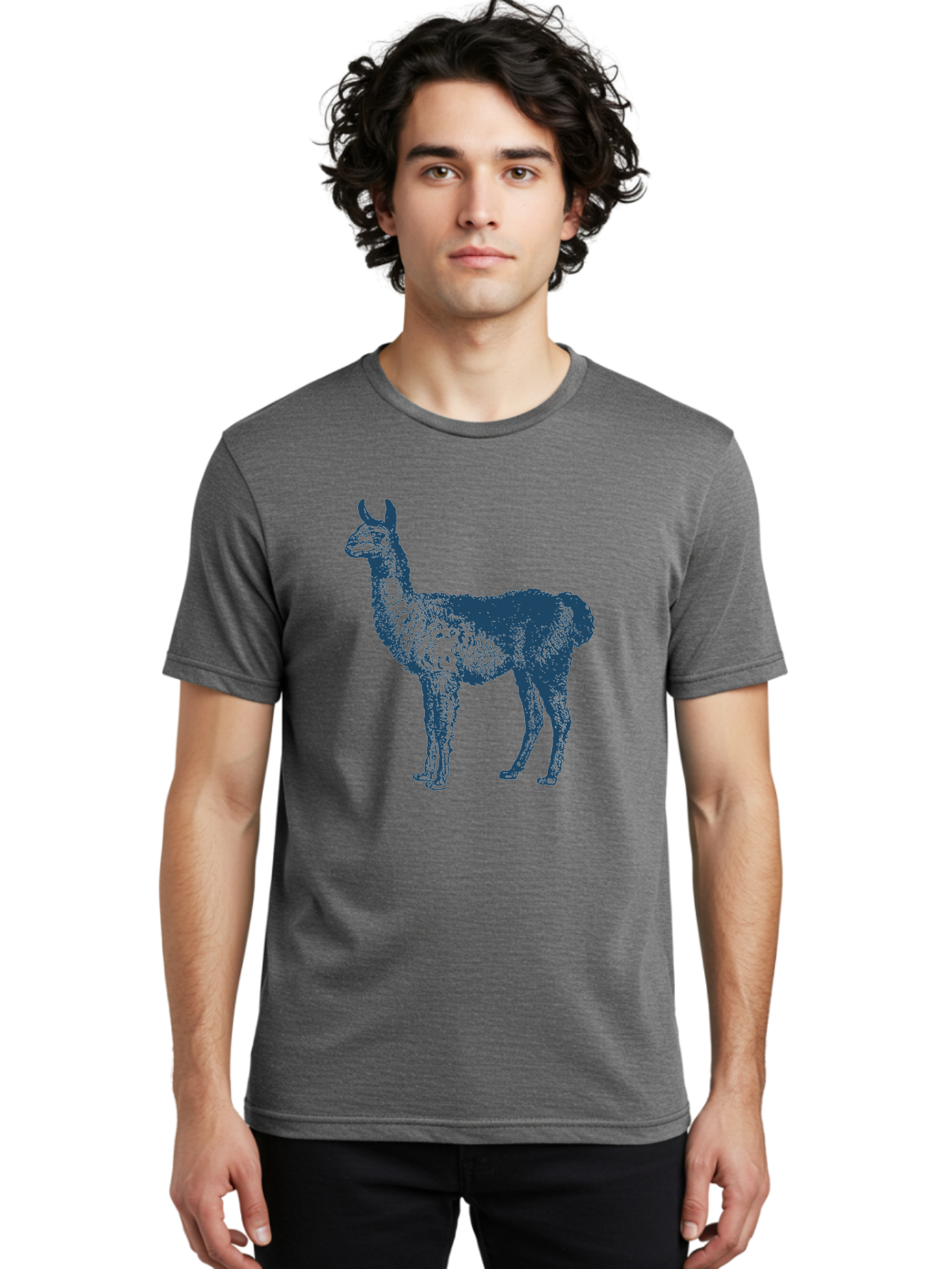 Llama Men'S Graphic Tee, 100% Cotton, Comfortable Casual Summer Wear, Machine Washable, Llama Illustration, Furry Animal, Camelid Species, Wildlife Art, Graphic Design, Modern Style, Pointillism, Blue Tones Aae460 18