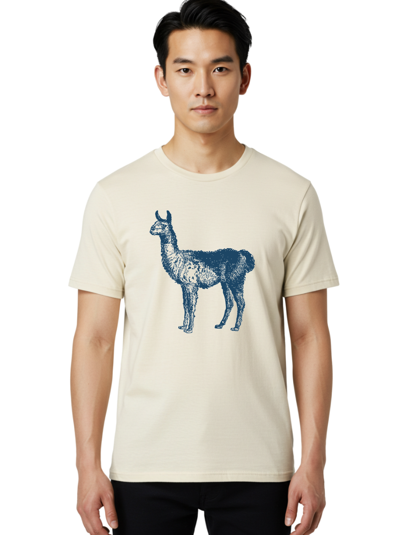 Llama Men'S Graphic Tee, 100% Cotton, Comfortable Casual Summer Wear, Machine Washable, Llama Illustration, Furry Animal, Camelid Species, Wildlife Art, Graphic Design, Modern Style, Pointillism, Blue Tones Aae460 4