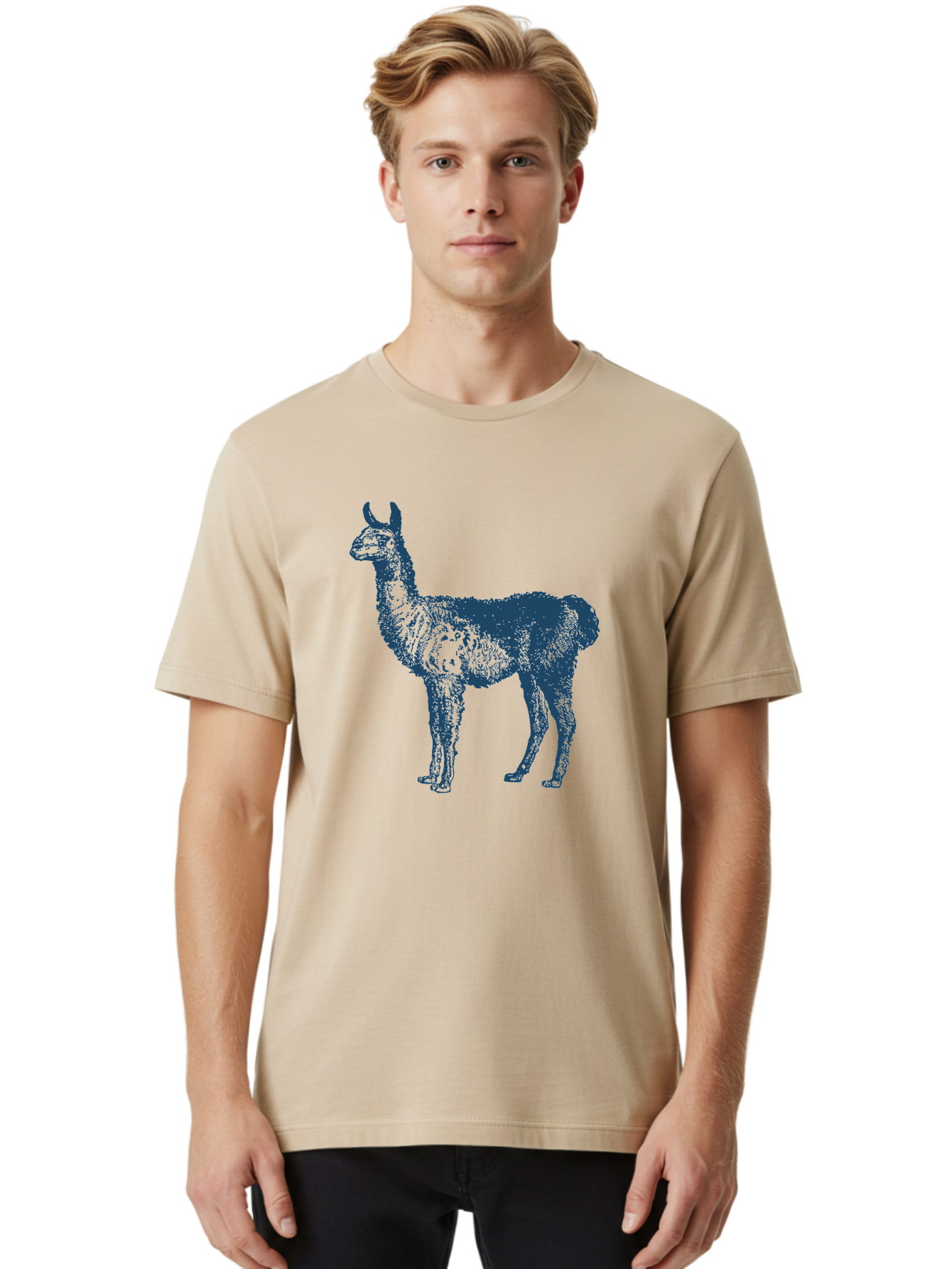 Llama Men'S Graphic Tee, 100% Cotton, Comfortable Casual Summer Wear, Machine Washable, Llama Illustration, Furry Animal, Camelid Species, Wildlife Art, Graphic Design, Modern Style, Pointillism, Blue Tones Aae460 20