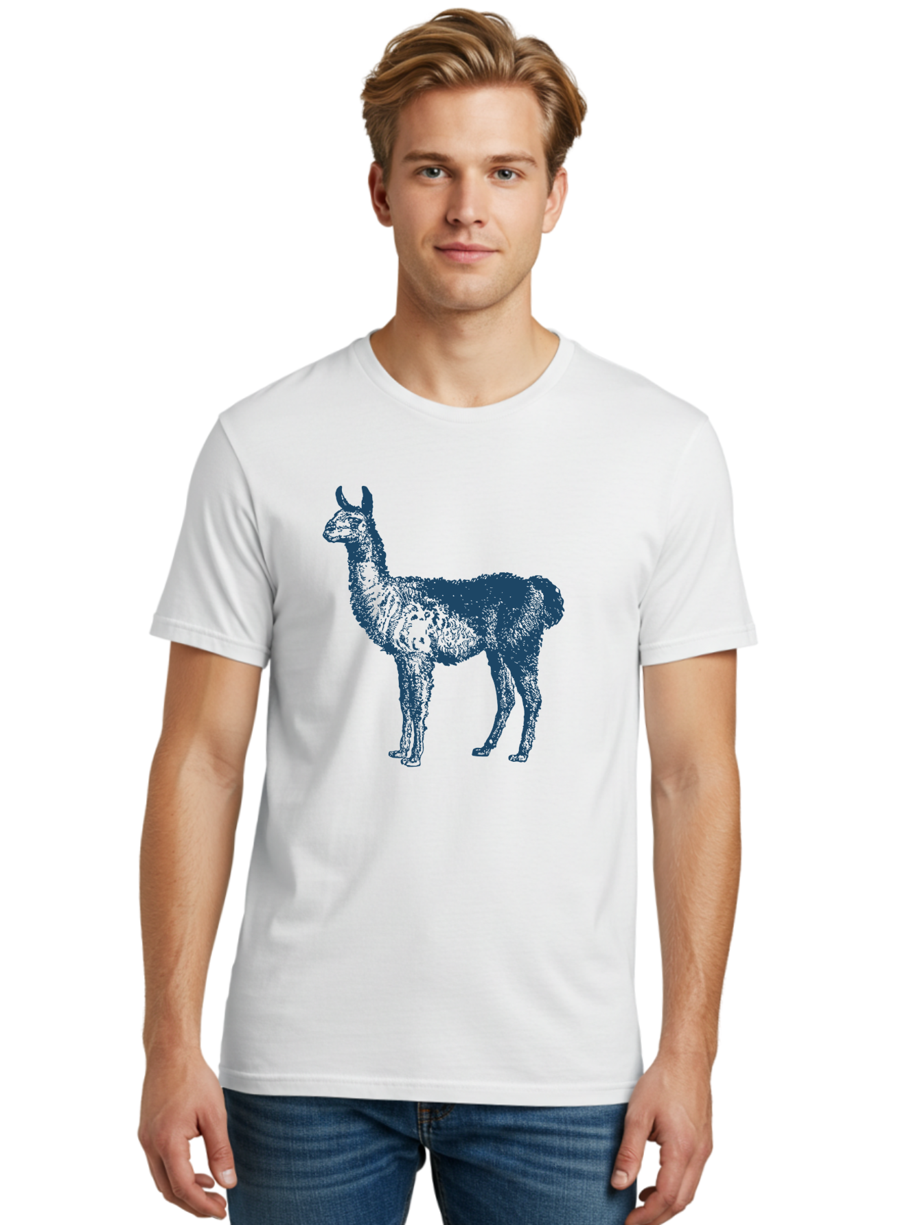 Llama Men'S Graphic Tee, 100% Cotton, Comfortable Casual Summer Wear, Machine Washable, Llama Illustration, Furry Animal, Camelid Species, Wildlife Art, Graphic Design, Modern Style, Pointillism, Blue Tones Aae460 24